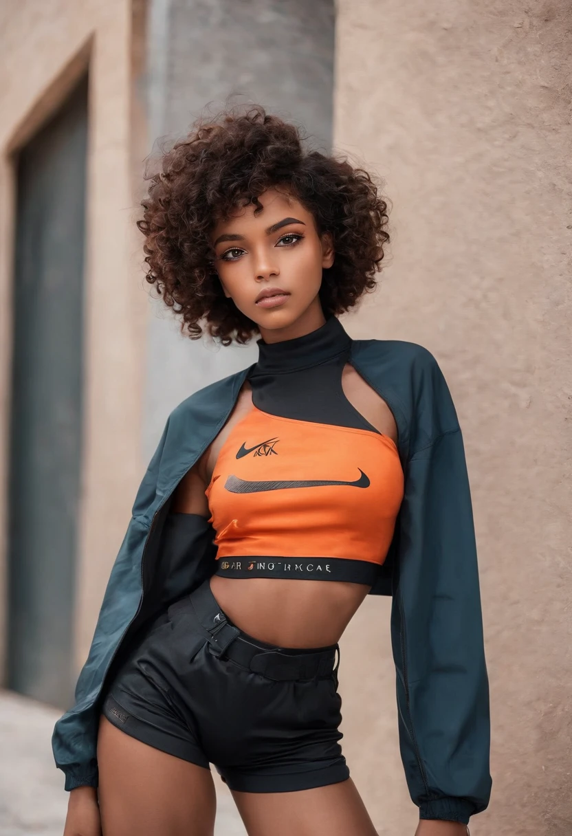 Very beautiful African girl 18 years old curly short hair in full body street outfit looking sensually with stunning eyes in a position ,mignon dans une tenue sport ???? de marque nike et une chaussure sport noir egalement