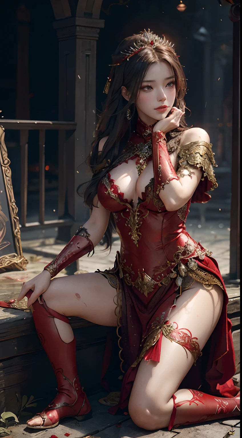 Woman in red dress, Realistic Art Station, Heavy Rain Scene, detailed fantasy art, stunning character art, Beautiful exquisite character art, Beautiful Black Armor, Extremely detailed, Red Armor Girl, Exquisite intricate headdress and jewelry, capturing the full body