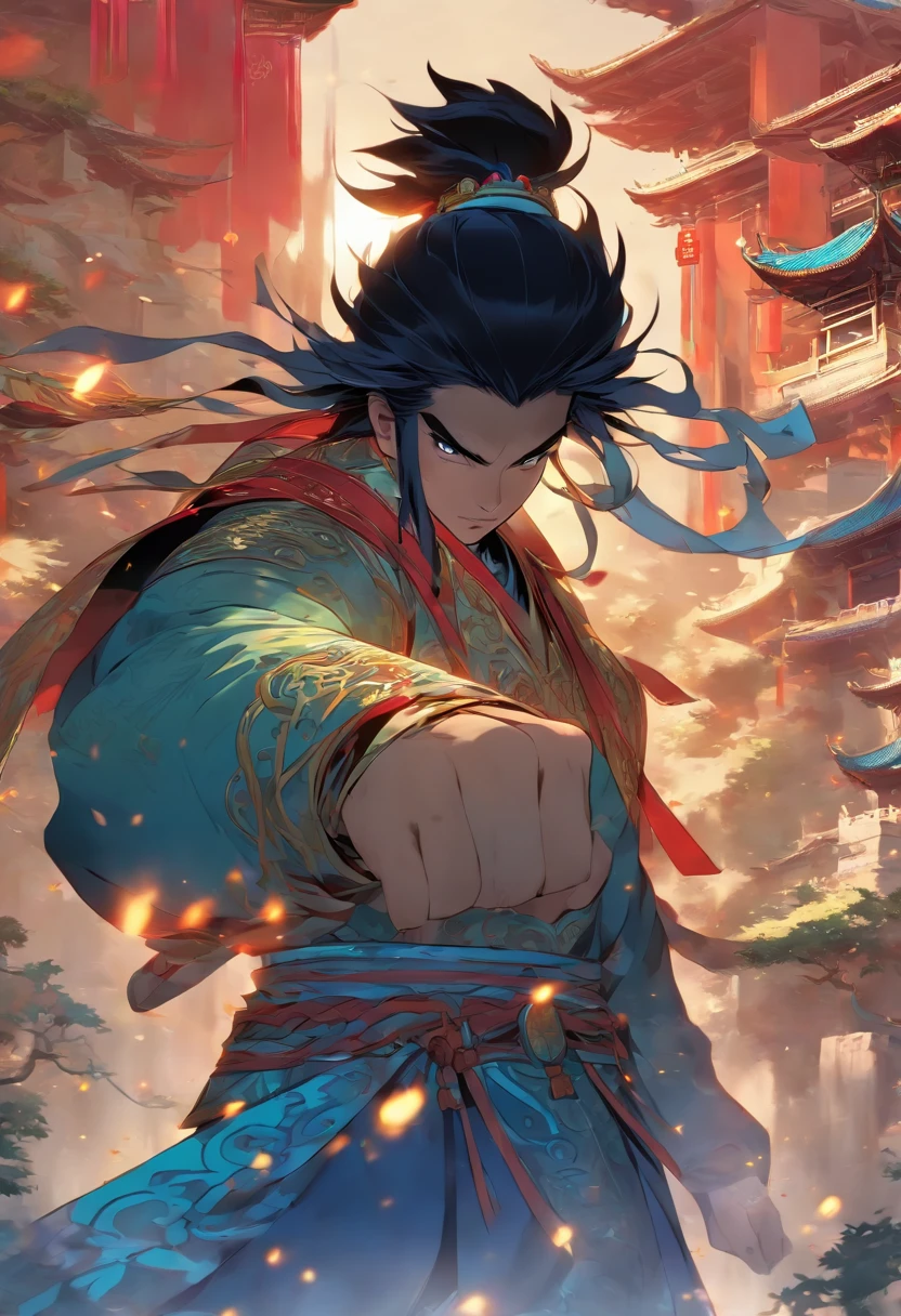 (((Chinese man))) best quality, very high resolution, detailed CG in 4K, masterpiece, woman, black hair, blue armor, Chinese people, Chinese tribes, Chinese city, forest, aesthetics, beautiful image, centered on screen , whole body