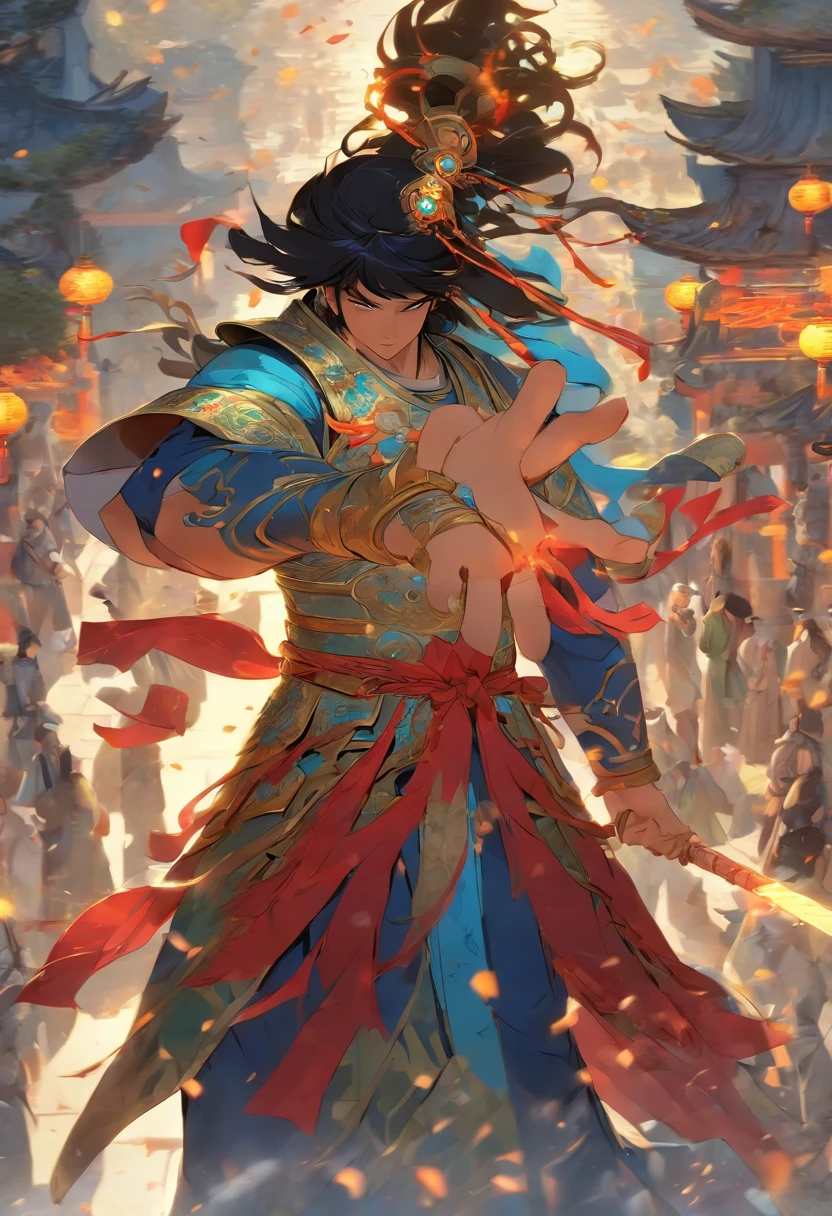 (((Chinese man))) best quality, very high resolution, detailed CG in 4K, masterpiece, woman, black hair, blue armor, Chinese people, Chinese tribes, Chinese city, forest, aesthetics, beautiful image, centered on screen , whole body
