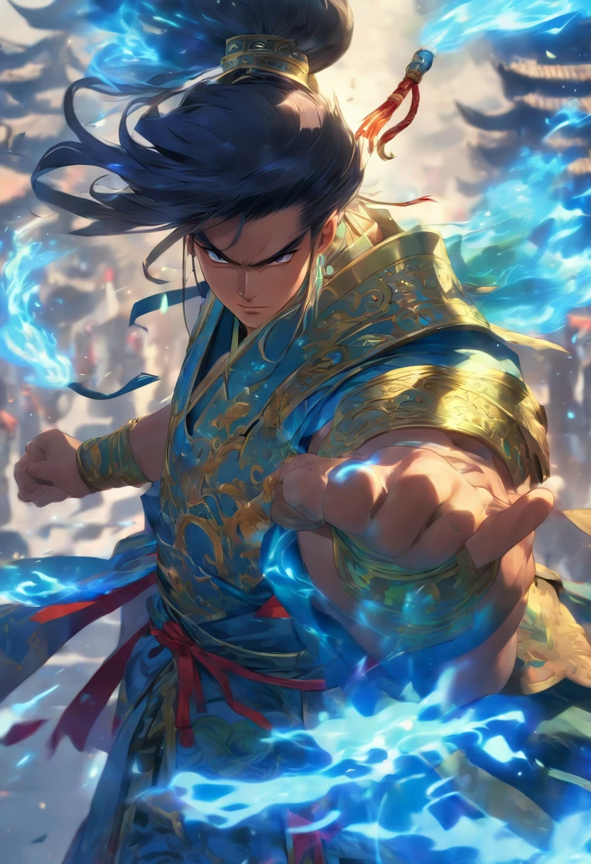 (((Chinese man))) best quality, very high resolution, detailed CG in 4K, masterpiece, woman, black hair, blue armor, Chinese people, Chinese tribes, Chinese city, forest, aesthetics, beautiful image, centered on screen , whole body