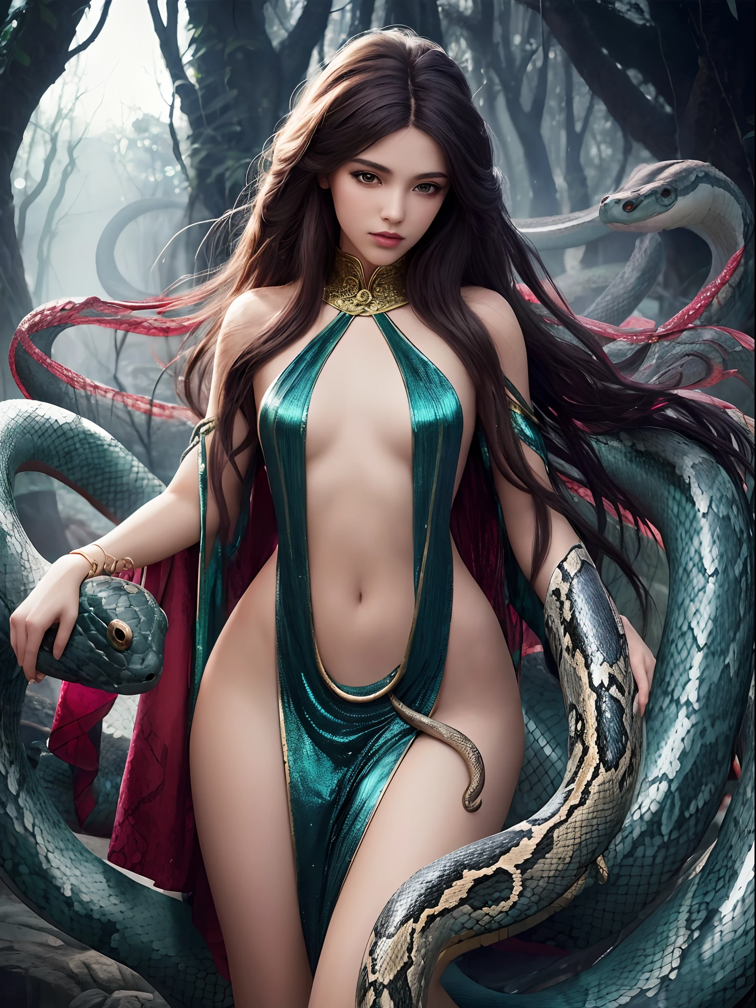 (best quality,4k,8k,highres,masterpiece:1.2),ultra-detailed,(realistic,photorealistic,photo-realistic:1.37),snake woman hybrid,beautiful detailed eyes,beautiful detailed lips,extremely detailed eyes and face,long eyelashes,scales covering the body,slithering movement,serpentine lower body,elegant and graceful posture,mesmerizing gaze,curved fangs,exotic and mesmerizing beauty,dark and mysterious aura,mythical creature,creature of legends,ethereal and otherworldly,iridescent scales,cold-blooded charm,shimmering patterns,alluring skin texture,enchanted forest background,serpent-like hair,seamless integration of woman and snake,secrets of the serpent world,elusive and enigmatic,serpent's hypnotic dance,charmingly dangerous,duality of femininity and serpentine power,wisdom and temptation,beautifully venomous,exotic flora and fauna intertwined,undulating motion,dynamic composition,artistically surreal,unleashing hidden powers,transformation and metamorphosis,unconventional beauty,unique and captivating,meticulously crafted masterpiece,awe-inspiring presence,vivid colors,soft and diffused lighting,impeccable attention to detail,(half of the girl's body from head to navel and half of the body from the hips down in the form of a snake:1.5),(no human legs:1.5)