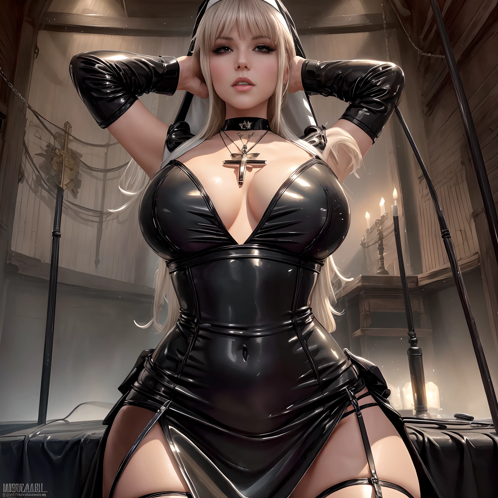 1girl as victoria principal,v1ct0r14 in nun outfit, black latex miniskirt,cleavage,crosses,Cross necklace,masterpiece, Detailed face, detailed body render,Mouth open