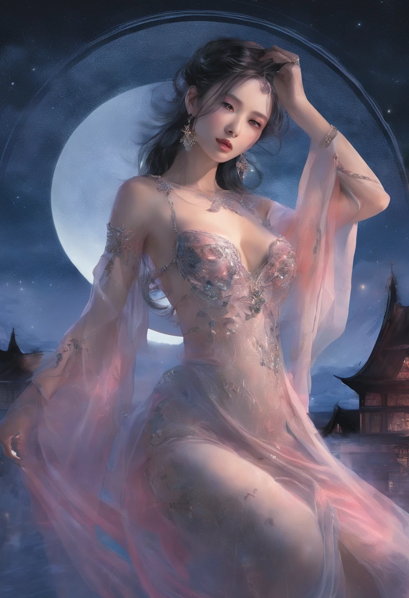 The art depicts a charming woman dressed in a flowing,  oriental transparent dress, decorated with sexy patterns and bright colors. Showing small round ass, Her transparent dress drapes elegantly over her curvy figure, accentuating her seductive silhouette. She stood gracefully in the quiet moonlit night, bathed in the soft glow of the moonlight. The scene exudes an ethereal and dreamy atmosphere, with a touch of mystery and sexiness. The graphic style blends watercolor and digital illustration techniques to evoke a refined beauty and charm. The lights are filled with soft moonlight, casting soft highlights and shadows on her charming features. Bare buttocks, three-dimensional facial features, lying on bed, clear eyes, topless,  visible,full body,