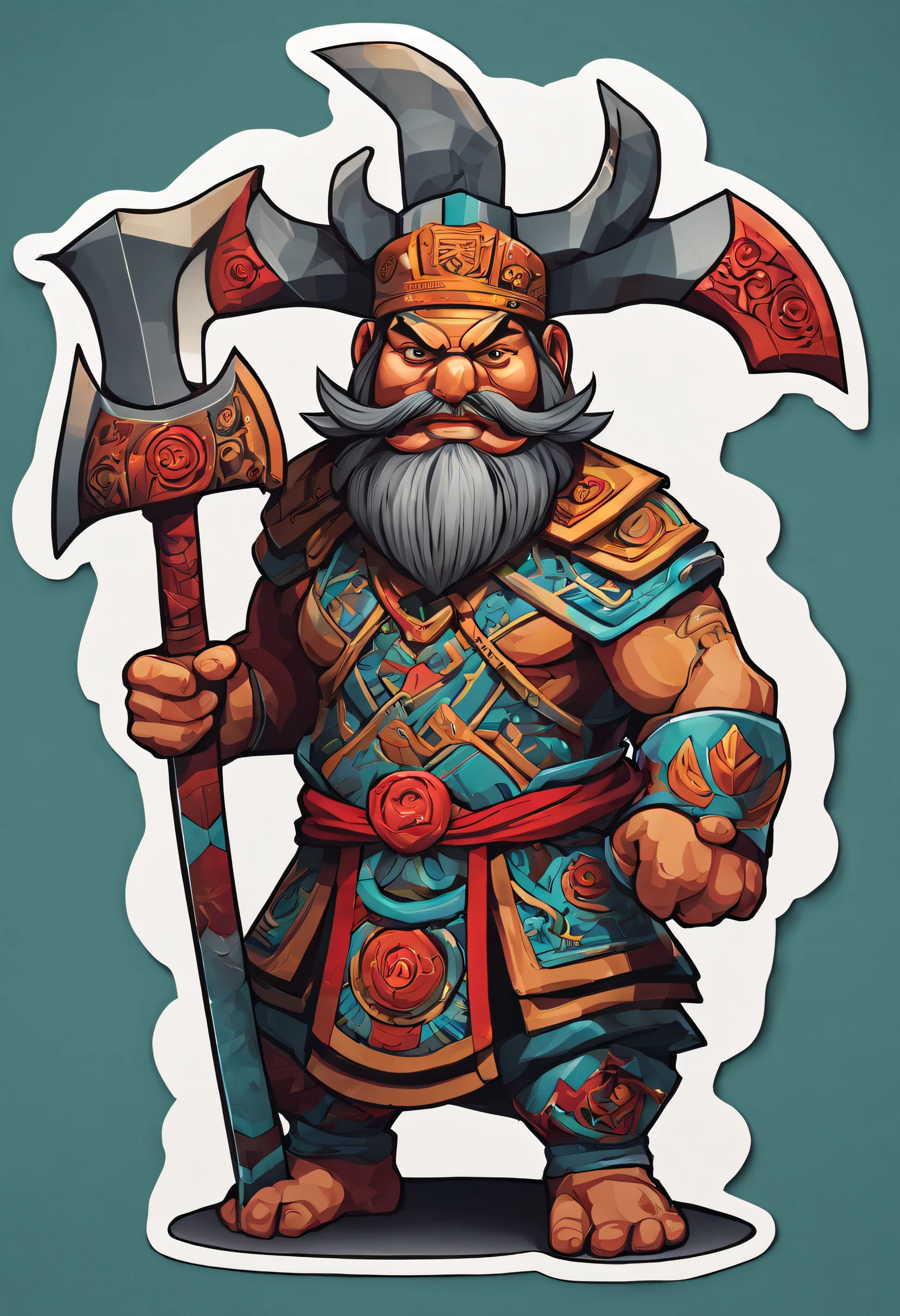 a sticker，Complex geometric pattern background，A giant，Armed with a sharp axe，chineseidol，Primitives，Standing tall，anatomy correct,，