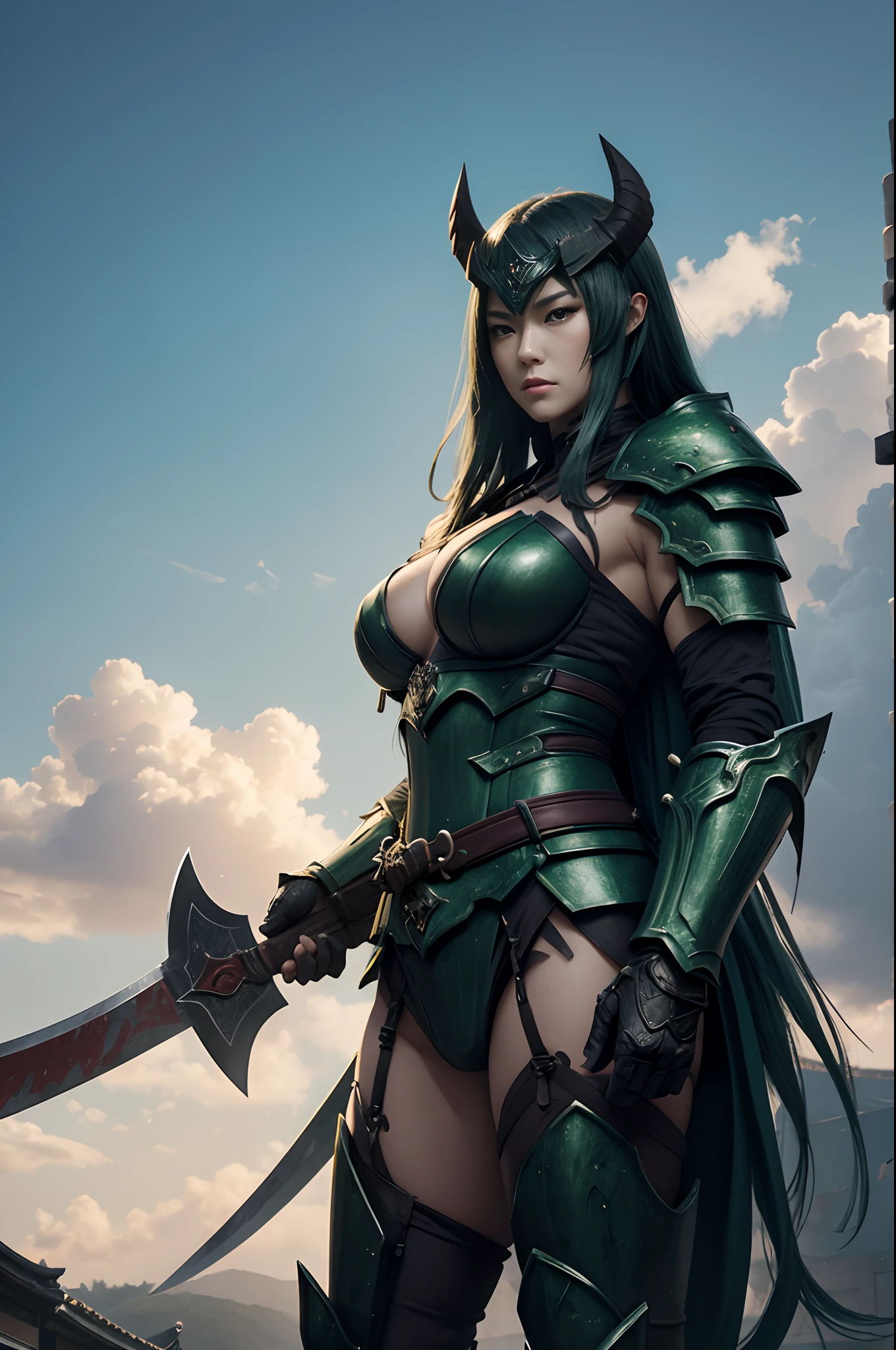 (onimous)、Demon Mask、Super beautiful、Solo adult demon woman in green armor、Like the whole body、(Armed with a long, large axe)、Mature Woman Big Female Demon。Rugged jaws(Like the real thing),A sexy,Stand facing the front,Demon Armor,magnificent artwork,((Kyoto panel painting style))、Wind-effect:1.9、Cloud Effects:1.2、Full Rendering、Encaustic Painting,unrealengine,