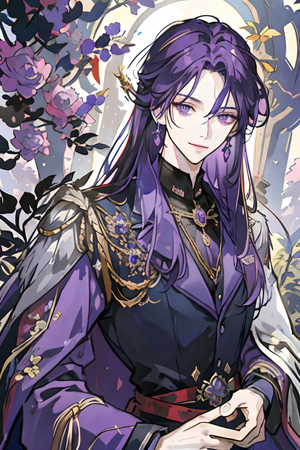 masterpiece: 1.2, best quality)), 1 man, long purple hair, purple eyes (handsome: 1.4), Dark-Blue suit, fantasy, uniform, royalty, forest, blooming flowers, sunlight, fantastic light and shadow, landscape , extremely detailed face, portrait, smile, red earrings, magician, archmage, mature man