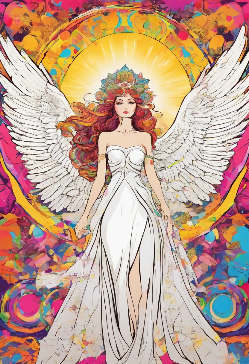 Full body shot white background, (1 Angel Girl,Glowing wings, Halo, Exquisite headdress, Retro Color、charicature、