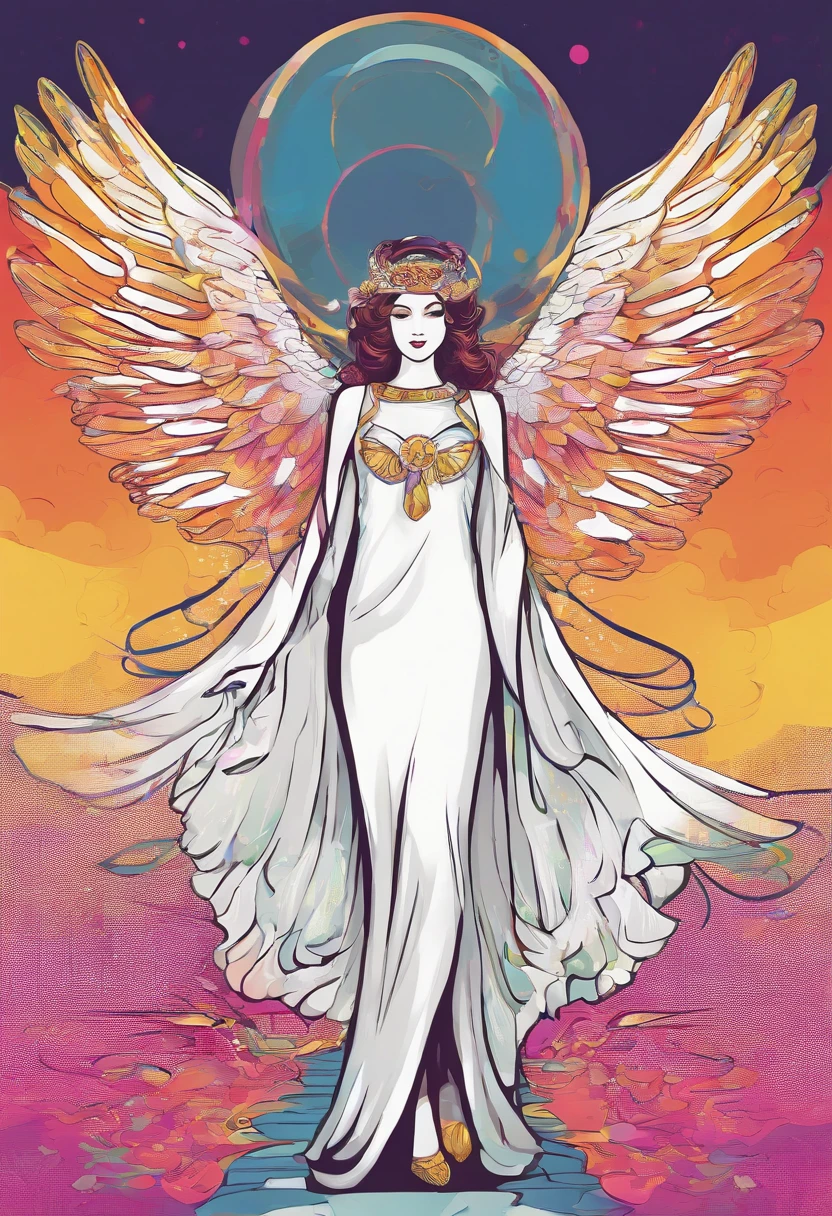 Full body shot white background, (1 Angel Girl,Glowing wings, Halo, Exquisite headdress, Retro Color、charicature、