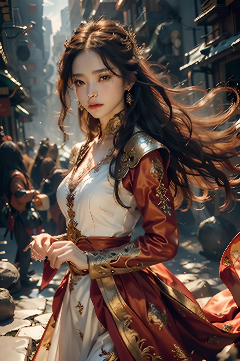 {{master piece}}, pinnacle rendering, realistic rendering, dark red rendering, metal rendering, {{color ink painting}}}, {{splash ink}}}, {{color}}, {{turquoise}}, gorgeous rendering, best quality, illustration, flame, smoke, doomsday world, splash ink fire sea doomsday, full body, 1 girl, exquisite facial details, delicate facial features, fair face, beautiful detail eyes, deep pupils, broken city details, beautiful details long hair, Wavy hair, broken details street, transparent mechanical core, cyborg girl, detail, tight fit, lace finish, linear light costume retouching, light rendering, reflection, highlight, holy light, confidence, charm, battle stance detail close-up, fire day, {filigree}, colored background, a dragon stands behind the girl, sea of fire, {tornado special effects}, beautiful details red fairy costume (gentle, confident) large depth, depth of field, 360°Panorama screen, fierce and grand battle scenes, broken mirrors, fingers all hidden and not displayed, small mouth closed
