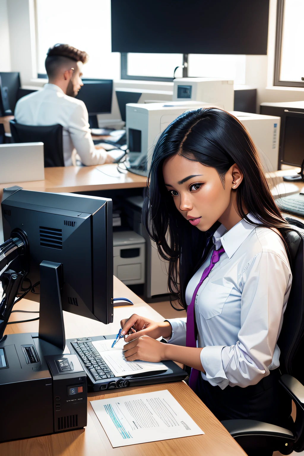 printers printing documents in a modern office with staff members of different races in the office