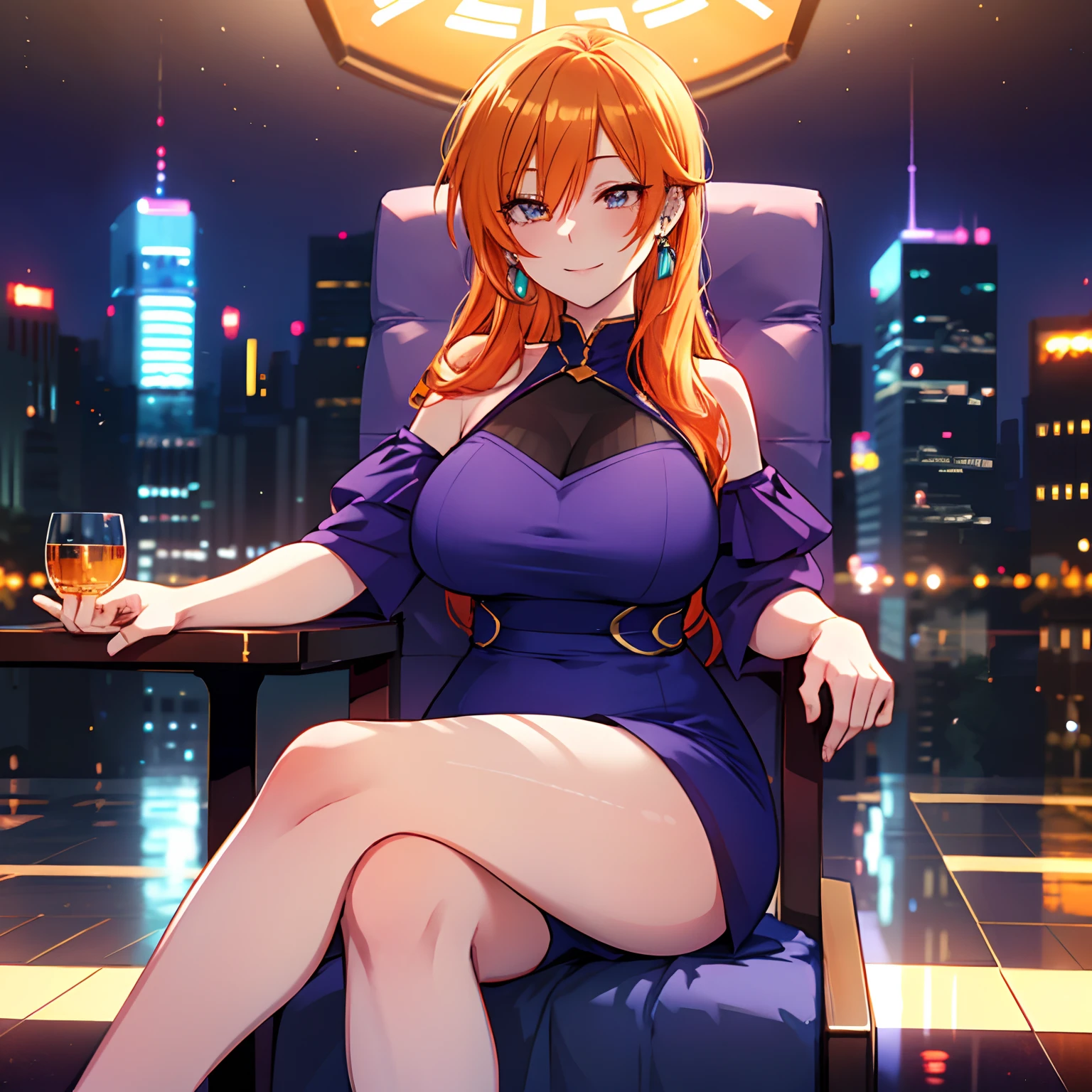 1 girl, ORANGE hair, cyan eyes, long hair, orange hair, big breast, medium ass, smile, Happy, smile, happy facial, city, Night, Earrings, purple dress, Sitting at the table, table, chair, Blurred background, legs crossed, ultra detailed, 8K wallpaper, reflection light, ray tracing, realistic