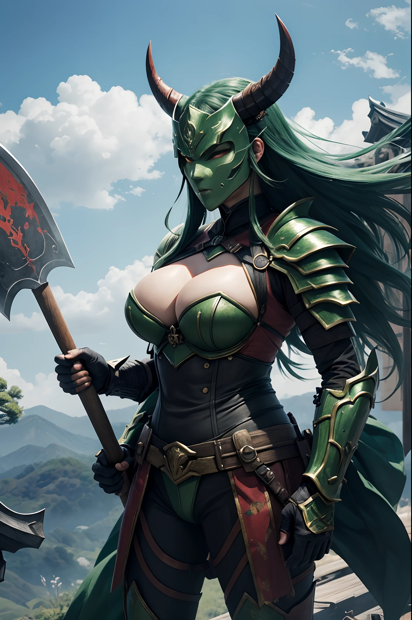 (onimous)、Demon Mask、Super beautiful、Solo adult demon woman in green armor、Like the whole body、(Armed with a long, large axe)、Mature Woman Big Female Demon。Rugged jaws(Like the real thing),A sexy,Stand facing the front,Demon Armor,magnificent artwork,((Kyoto panel painting style))、Wind-effect:1.9、Cloud Effects:1.2、Full Rendering、Encaustic Painting,unrealengine,