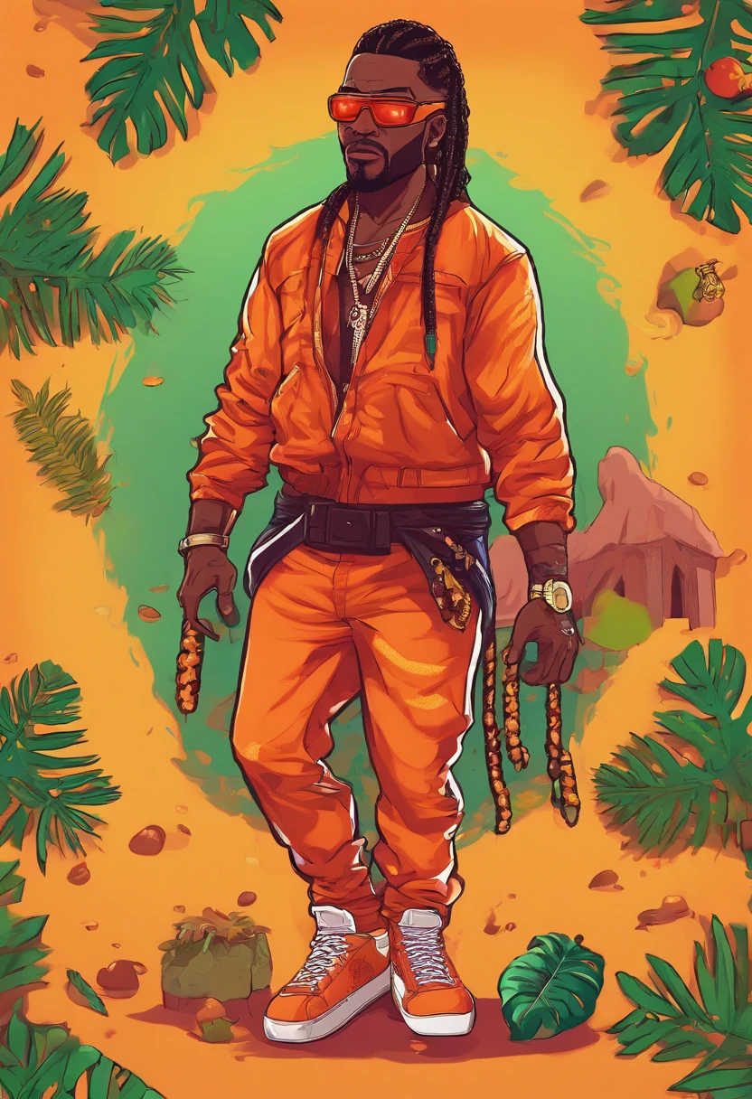 8k, best quality, 1st grade, homem de pele escura vestindo um capuz de flanela vermelha, Orange Face Mask, corte de cabelo desbotado, hazelnut eyes, Cornrows, cabelos pretos