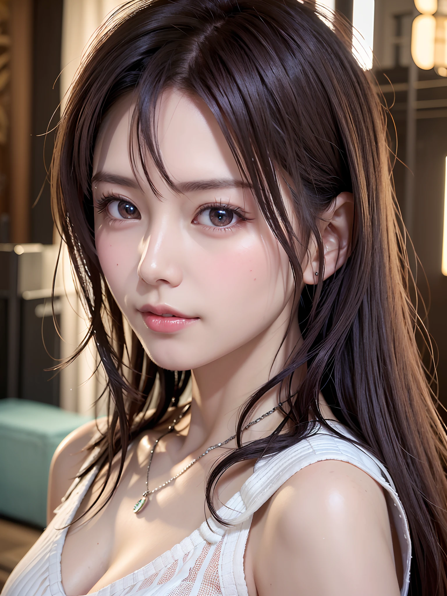 (UHD, retina, masterpiece, accurate, anatomically correct, textured skin, super detail, high details, high quality, best quality, high res, 1080P, HD, 4K, 8k, 16k), (beautiful detailed eyes, beautiful detailed lips, extremely detailed eyes and face), soft lighting, physically-based rendering, vivid colors, (large breasts:1.5), (portrait, shiny hair, shiny skin), eye reflection, (bokeh, moonlight:1.5), (smile and laugh, bangs:1.5), semi-profile view, (from above:1.37),