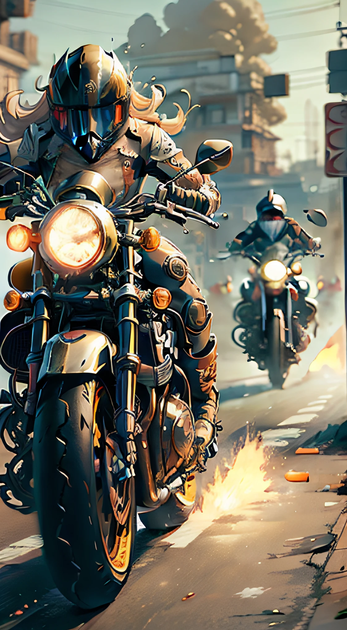 【illustration】comic page，There are multiple panels on a page：In a city full of gunfire（Faraway view），Several male and female racers ride motorcycles(The motorcycle is a Honda CB650R)，Race madly in the alleys，Tires rub against the ground and sparks splash，Smoke billowing out（closeup cleavage，Low motion blur），Blank space with text annotation，【Continuous shooting】In the style of Andreas Rocha，Cobalt blue and reflective silver，Motion picture film P30，Split composition