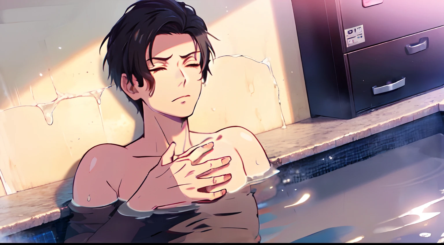 masterpiece, (1Man), (Mature Male), luci, red eyes, black hair, (naked), (bare chest), sixpack, bathroom, wet body, bathing, closed eyes