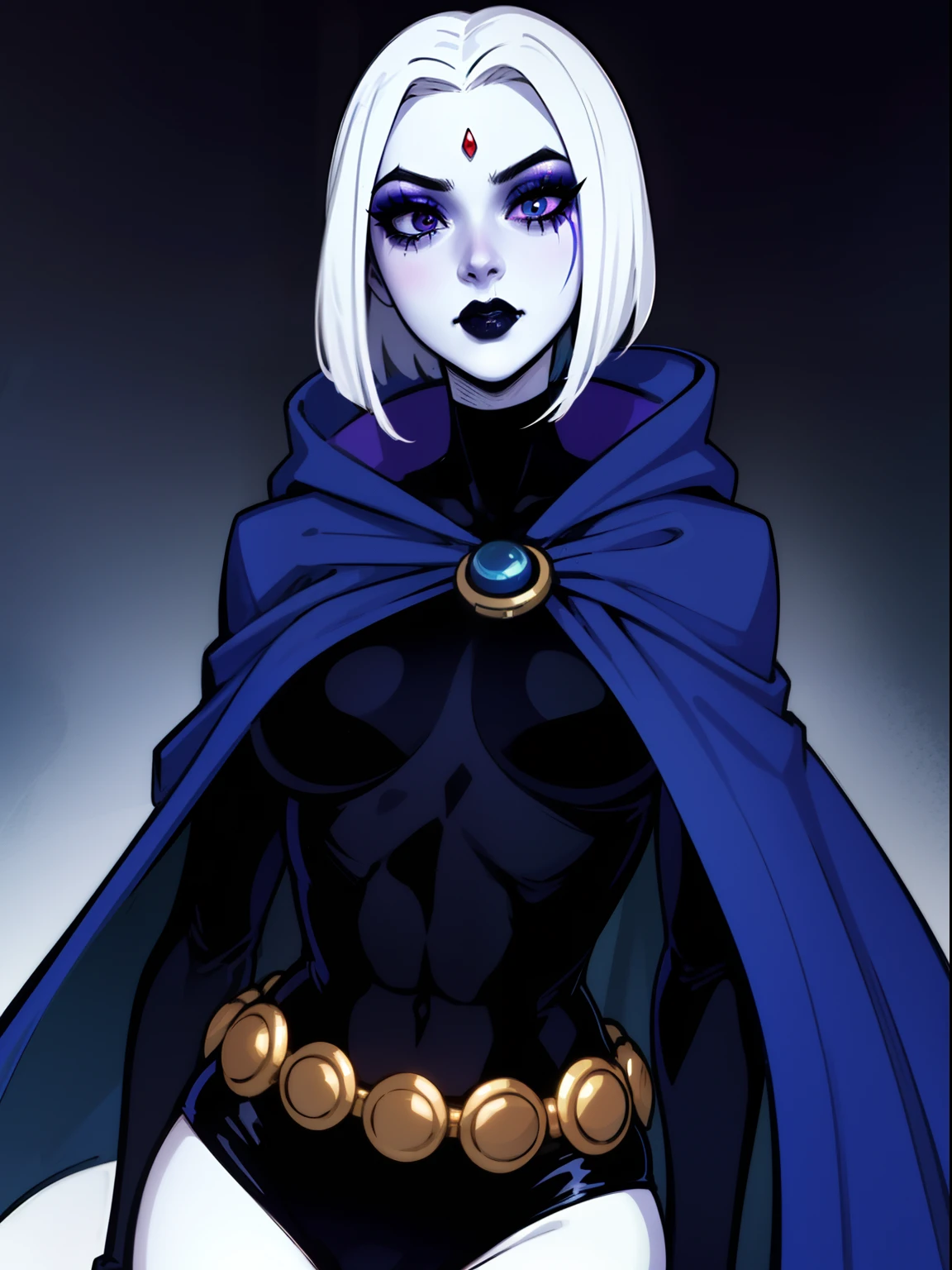 1girl,solo, RavenTT, navy-blue cloak, black leotard, brooch, belt,makeup,black lipstick,pale skin,