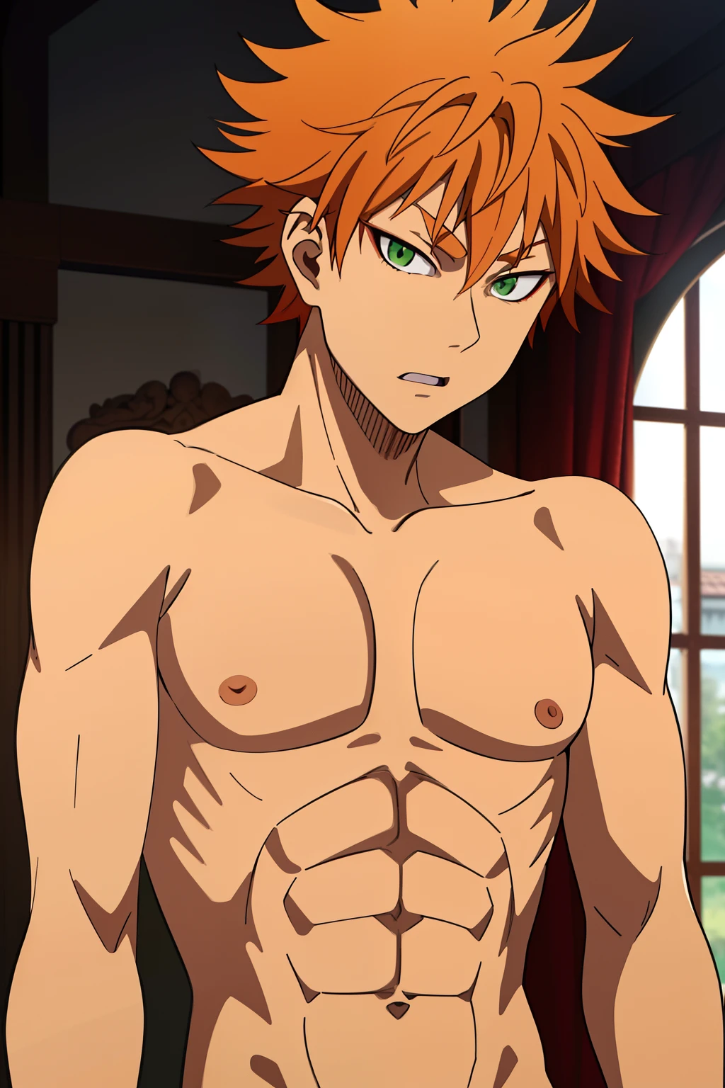 masterpiece, best quality, high quality, 1boy, solo, male focus, looking at viewer, upper body, leopold_vermillion, green eyes, orange hair, slim body, (shirtless, topless, bare chest,)
