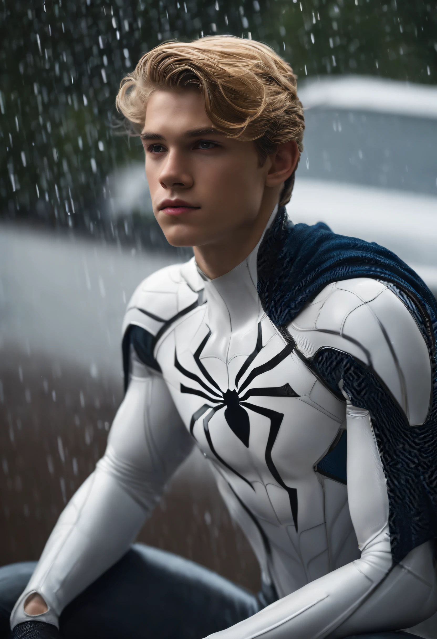 16 yo boy , white spider man suit, shooted hair, blonde, beautiful face, rain, roof, masterpiece, intricate detail, perfect anatomy