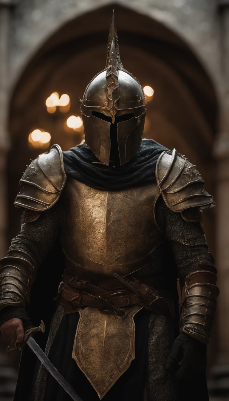 (best quality,4k,8k,A high resolution,master part:1.2),ultra-detalhado,(Realistic,fotorrealista,photo-realistic:1.37),A sword-wielding demonic armored warrior stood in the hall, Retrato de corpo inteiro do cavaleiro misterioso, usando armaduras pesadas,A holy warrior wielding a legendary sword, Mythical warriors in full-body armor, Um cavaleiro de ouro com armadura divina, The helmet is decorated with the devil's horns, Os olhos brilham vermelho-sangue, Arte conceitual para figuras gloriosas, Cavaleiro da Armadura Carmesim, epic paladin armor, Santo cavaleiro medieval, ajoelhar-se sobre um joelho, Blades embedded in the earth, submission, tiro de corpo inteiro.