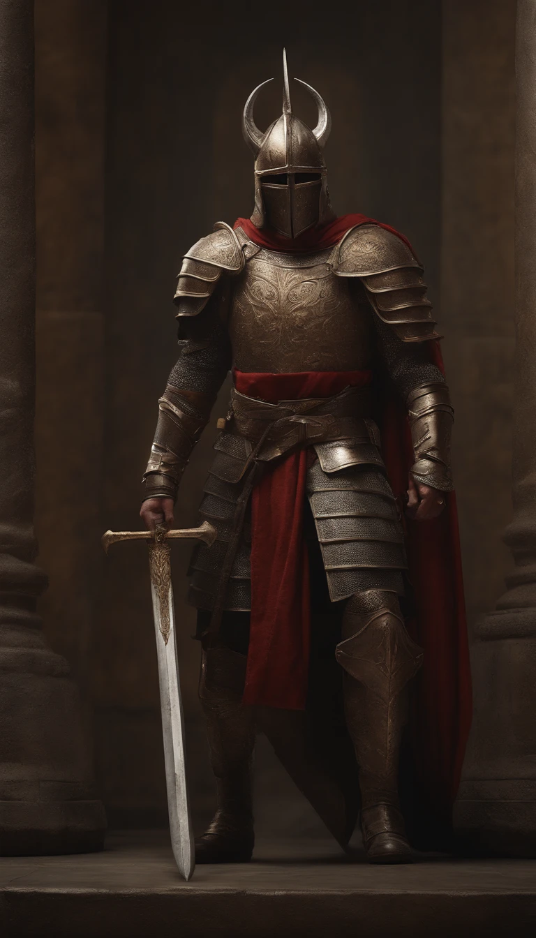 (best quality,4k,8k,A high resolution,master part:1.2),ultra-detalhado,(Realistic,fotorrealista,photo-realistic:1.37),A sword-wielding demonic armored warrior stood in the hall, Retrato de corpo inteiro do cavaleiro misterioso, usando armaduras pesadas,A holy warrior wielding a legendary sword, Mythical warriors in full-body armor, Um cavaleiro de ouro com armadura divina, The helmet is decorated with the devil's horns, Os olhos brilham vermelho-sangue, Arte conceitual para figuras gloriosas, Cavaleiro da Armadura Carmesim, epic paladin armor, Santo cavaleiro medieval, ajoelhar-se sobre um joelho, Blades embedded in the earth, submission, tiro de corpo inteiro.