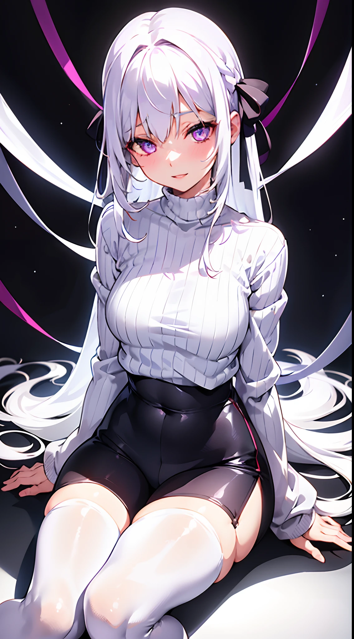 gym, exersice, workout, hot, sweating, sweaty, big boobs, lifting, yogapants,flustered, blush, black clothes, see thru, white hair, long hair, yogapants, pink headband , sexy body, lean body, sitting, sitting on ground, headset, headphones
