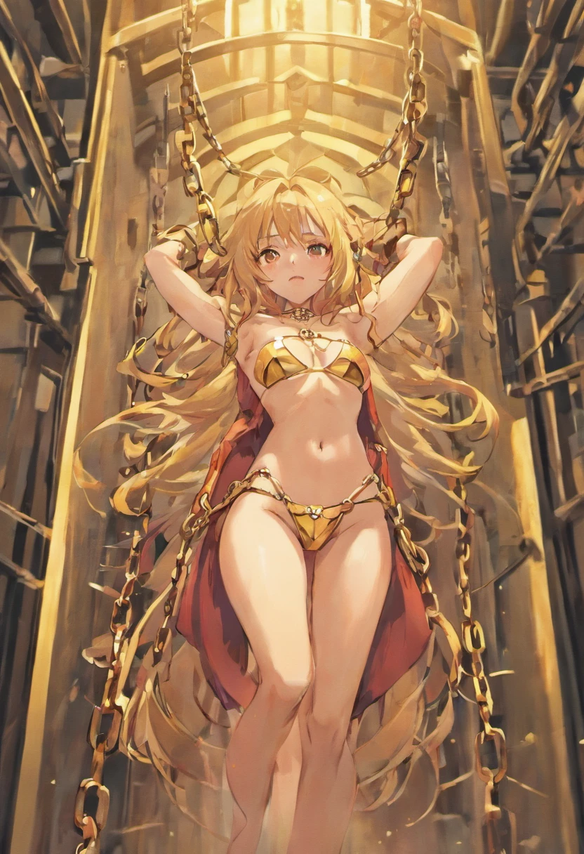 xenoblade chronicles (series), pyra (xenoblade), red hair, large breasts, mythra (xenoblade), long hair, straight long hair, blonde hair, large breasts, 2girls, multiple girls, arms behind back, closed eyes, rope bondage, bound together, brown ropes, bound arms, bound legs, tied together, white cloth, over the nose gag, mouth gag, gold chain, nude, jail cell, warehouse, back to back, chains