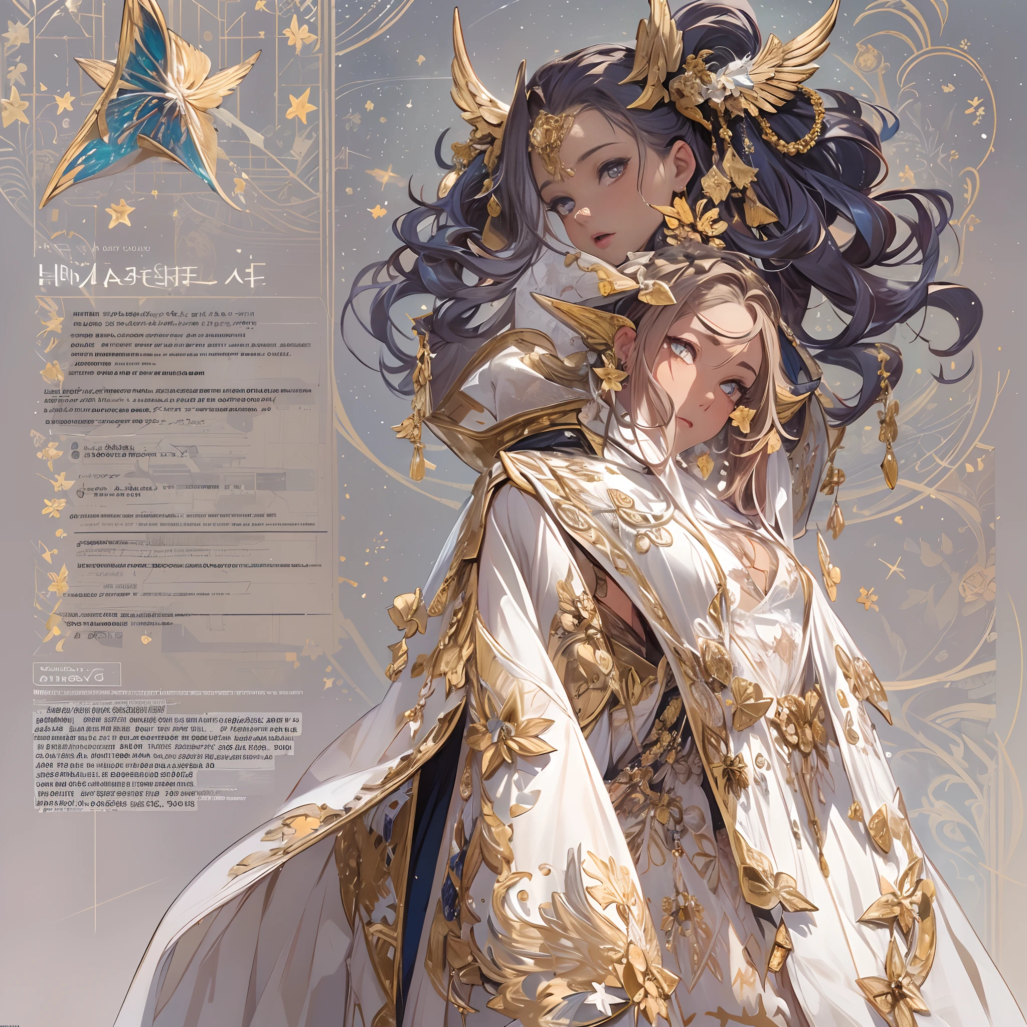 ((Masterpiece, Highest quality)), Detailed face, CharacterDesignSheet， full bodyesbian, Full of details, Multiple poses and expressions, Highly detailed, Depth, Many parts，Beautiful female singer，White and gold，Goji，Starry sky clouds，Extremely beautiful，brightly，Natural light，Poetic decoration