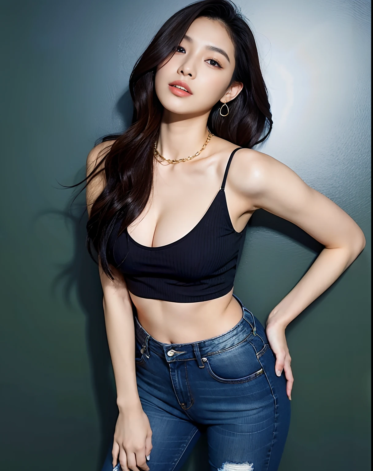 ((top-quality、8K、​masterpiece: 1.perfect Body Beauty、Slender Abs、Beautiful woman with slender abs:1.3、(Highlight Haircutreast B Cup:1.2), big breast, round shape breast, perfect shape breast, hyperdetailed face、25year old、 Pretty women、(Dark brown very long hair) open hairs , strong makeup, (sitting in night club ), wearing black shirt top 3 button open denim shorts,( thighs) beautiful club background with with slight background blur,studio lighting, professional lighting,looking at the camera, posing, professional perfect lighting, dslr, (seductive looks)