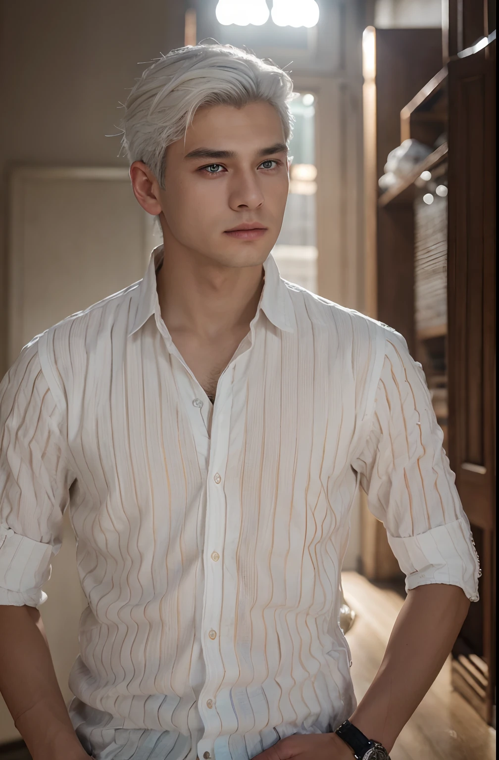 (absurderes、hight resolution、ultra-detailliert、HDR)、masterpiece、top-quality、male child、独奏、a handsome、shorth hair、white hair、finely eye and detailed face、Casual clothing、Real Shadows、