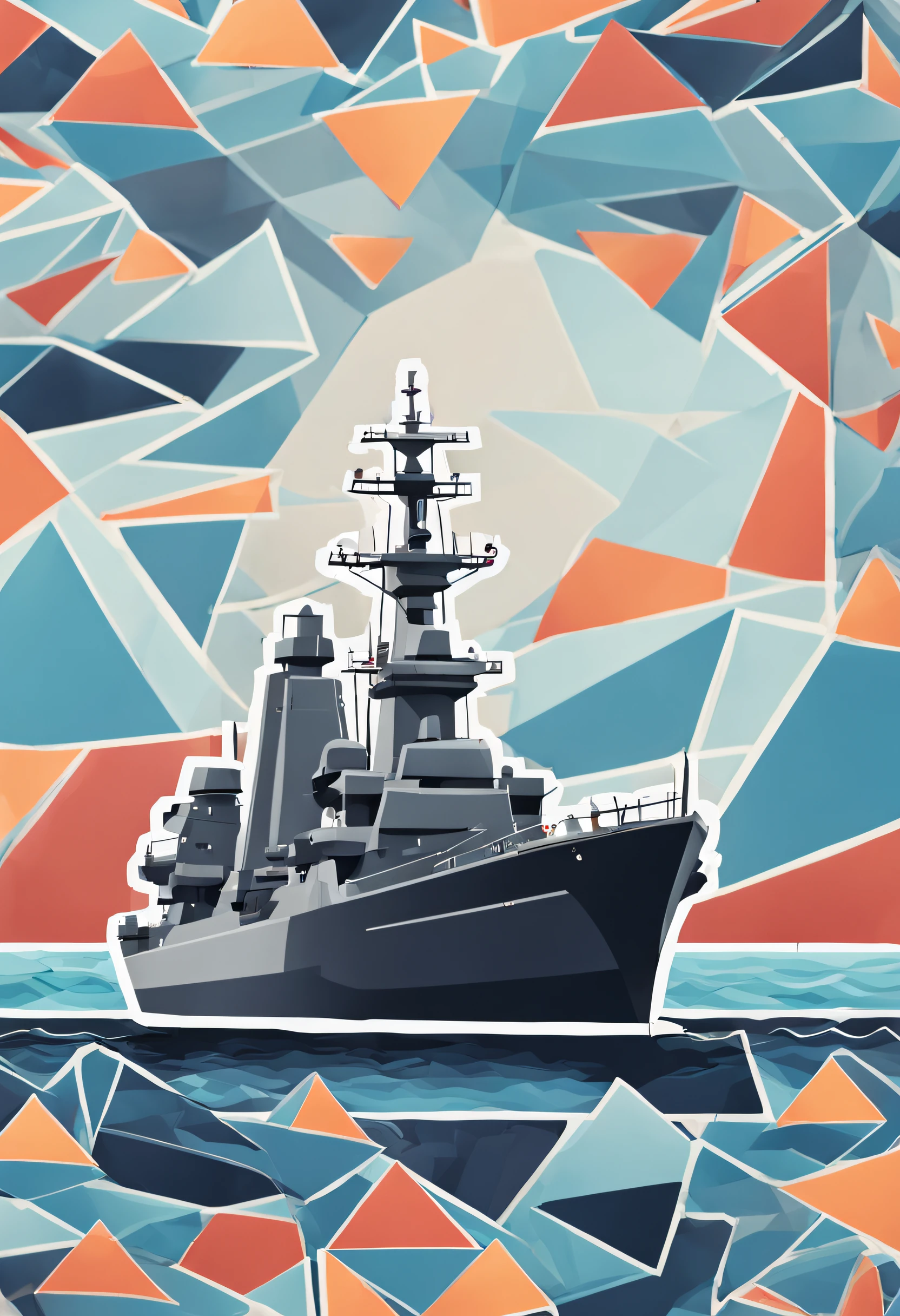 a sticker，1 warship，Geometric pattern background，