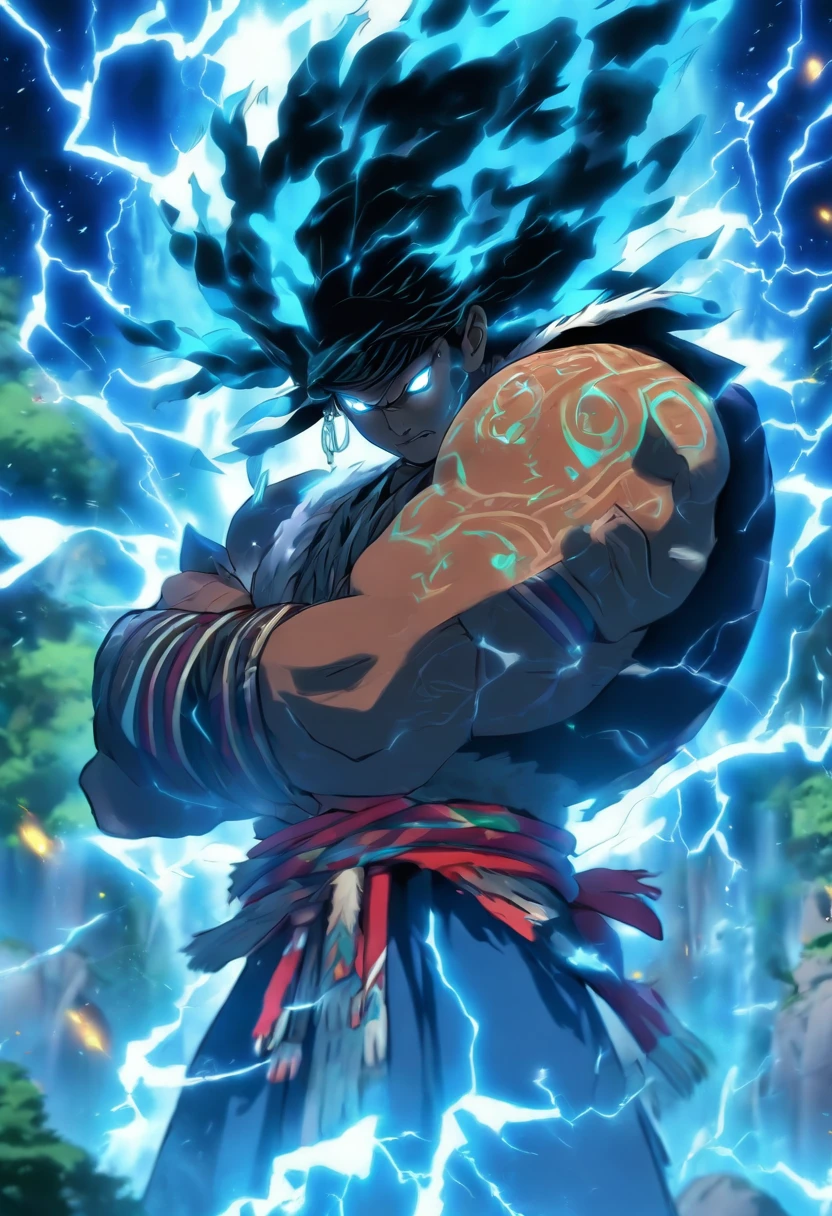 (((Peruvian man))) best quality, very high resolution, detailed CG in 4K, masterpiece, man, storm, thunder, Inca people, Inca tribes, Inca city, forest, aesthetics, beautiful image, centered on screen, body all