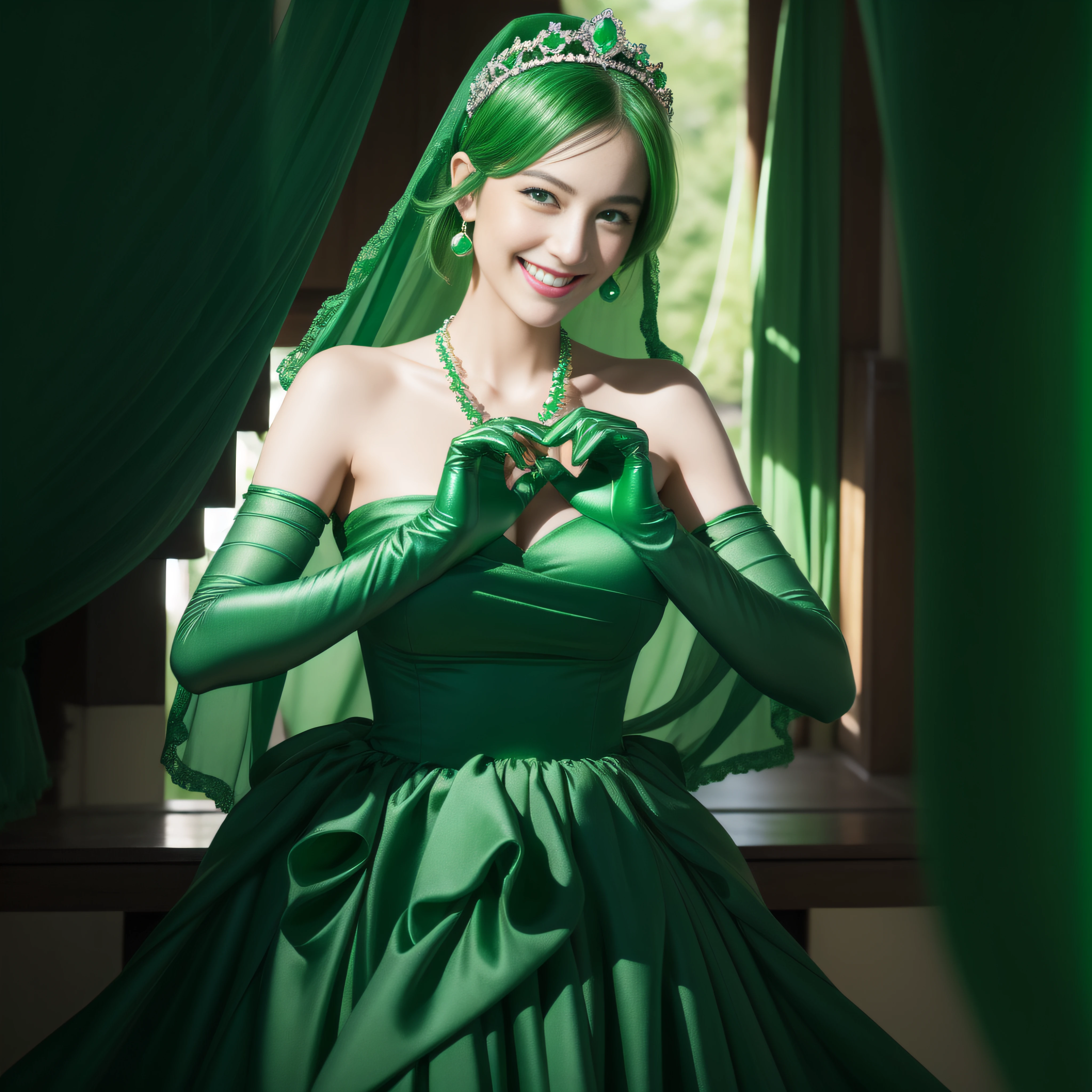 emerald tiara, Green Pearl Necklace, Boyish very short green hair, lipsticks, Japan woman smiling, very short short hair,  big breasts beautiful, Green eyes, Long green gloves made of satin material, Green eyes, Emerald Earrings, green vale, Heart with both hands,Green hair