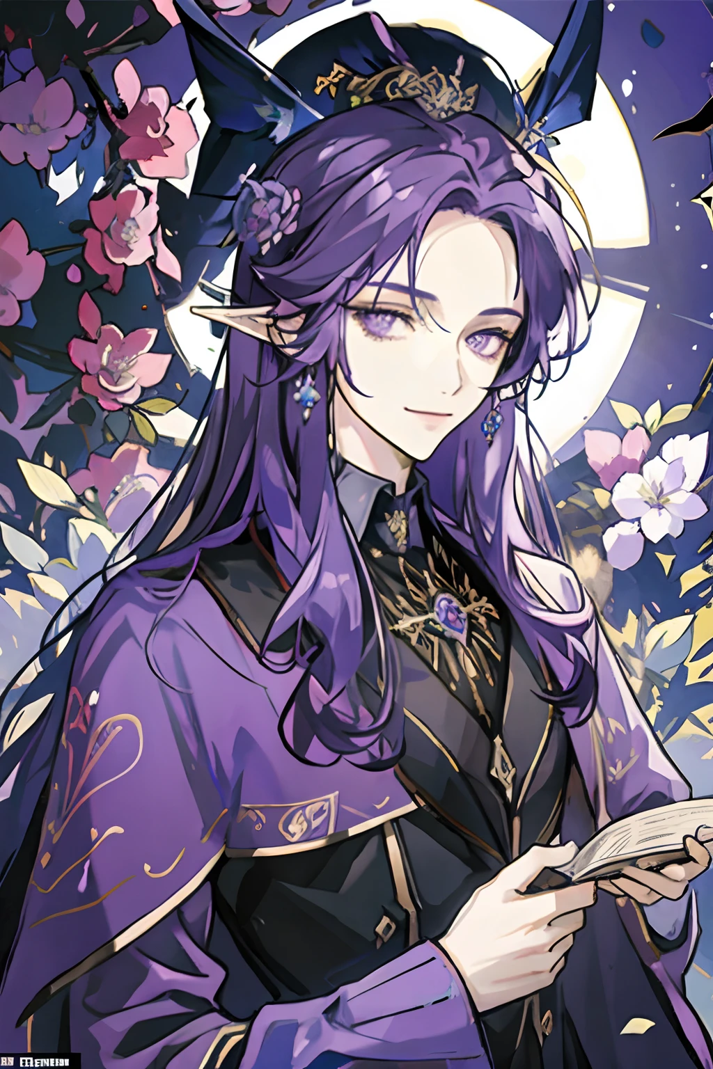 masterpiece: 1.2, best quality)), 1 man, long purple hair, purple eyes (handsome: 1.4), Dark-Blue suit, fantasy, uniform, royalty, forest, blooming flowers, sunlight, fantastic light and shadow, landscape , extremely detailed face, portrait, smile, red earrings, magician, archmage, mature man