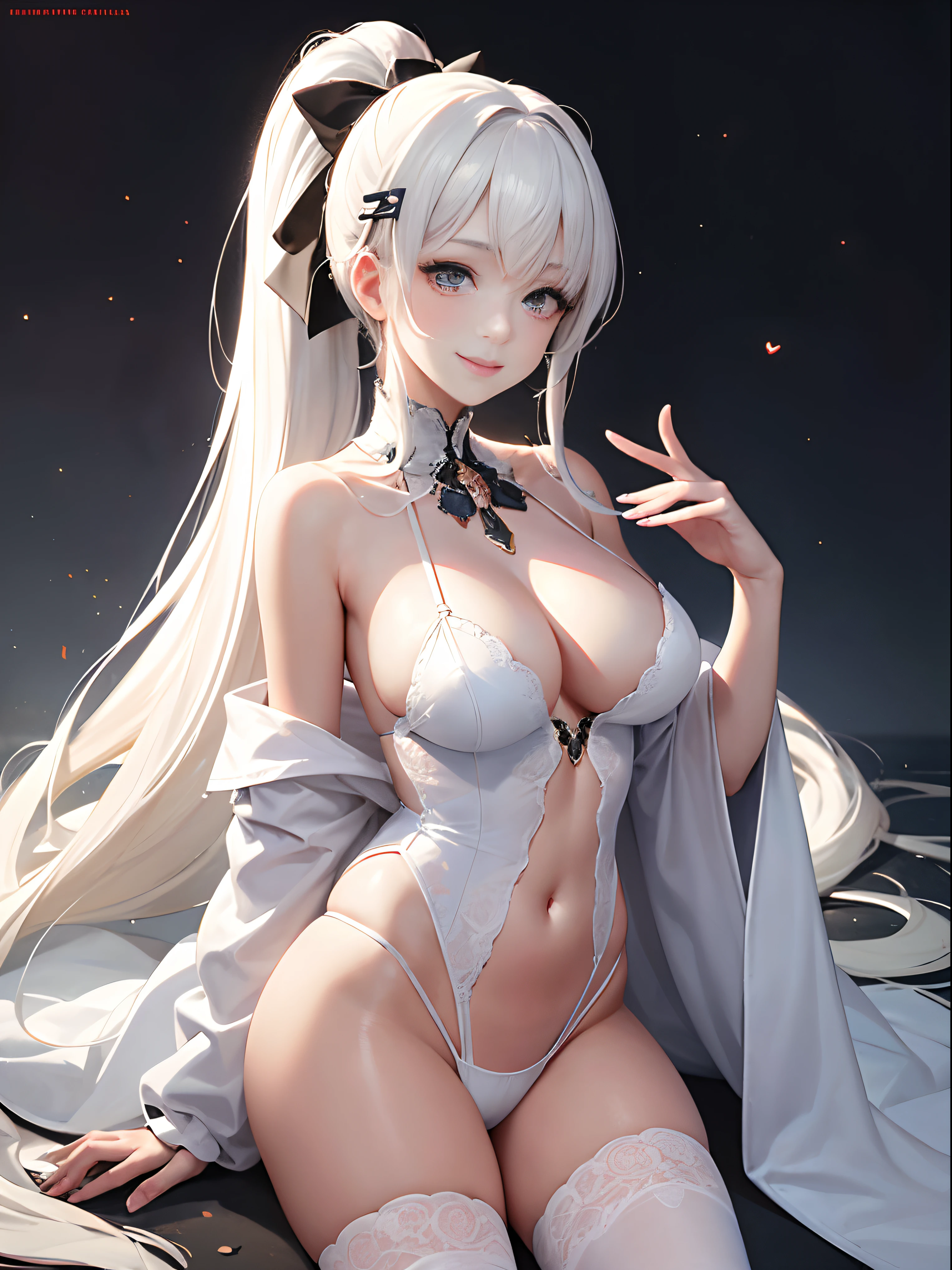 ribbon-trimmed sleeves,mediating_Breasts,Smile,(Best quality), ((Masterpiece)), (A high resolution), Original, Extremely detailed 8k wallpaper, (An extremely delicate and beautiful), 1girll,Beautiful girl,White hair,Very_Long_Hair,High ponytail,Hairpins Hairpins,nipple tassels,Beautiful golden eyes,Glowing eyes,Perfect female body,Detail fingers,Detal Face,Beautiful_face,White robe,White panty hose