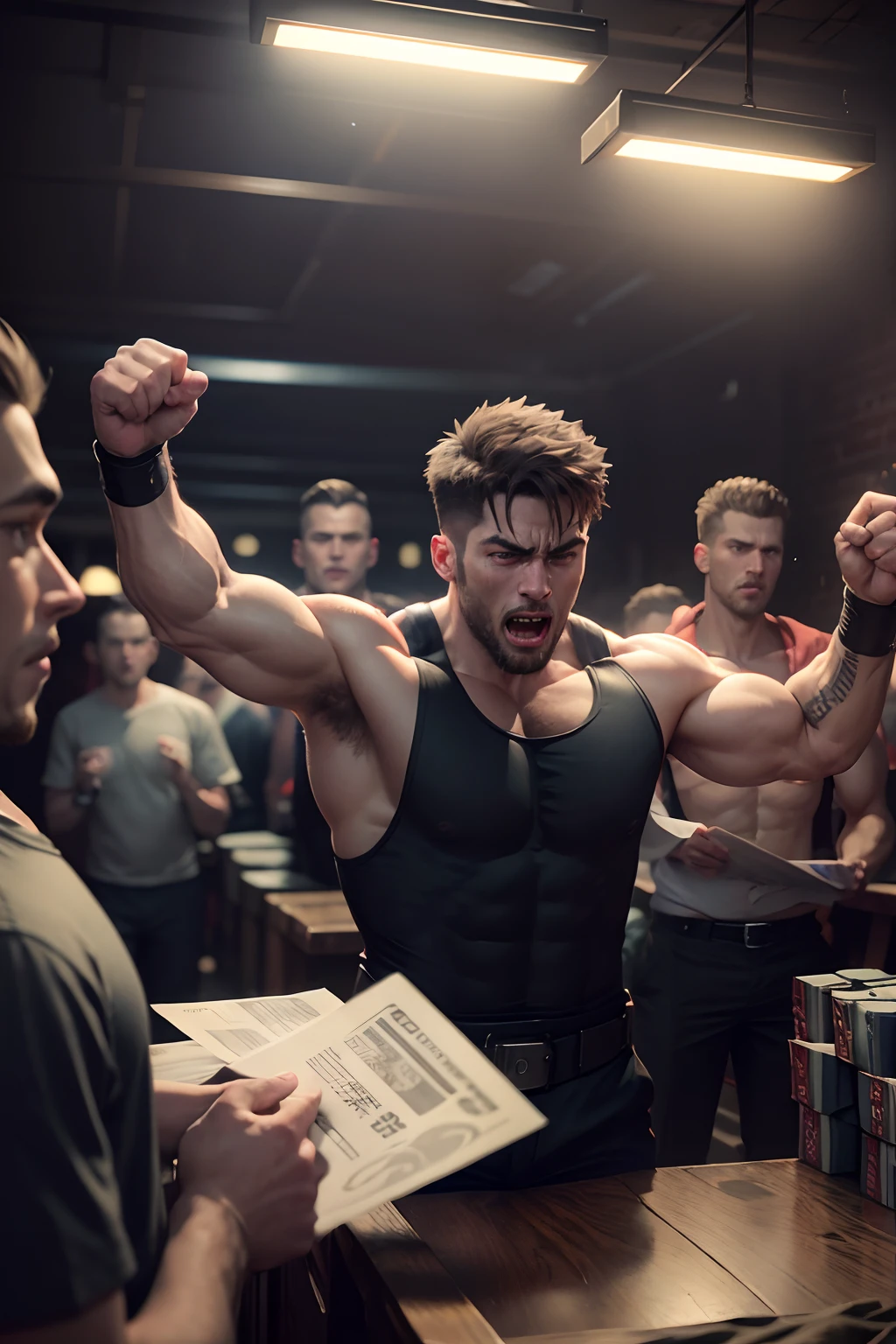 Realistic 8K image of men holding betting slips in a dark warehouse, cheering on an underground fight, anime style art