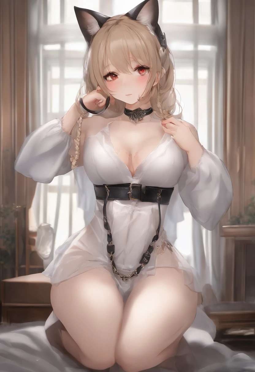 tmasterpiece，1girll，独奏，blond hairbl，exposed bare shoulders，，（all  fours：1.3）(Highest image quality), (Works of masters), (Detailed description of the eyes), (8k wallpaper), (Detailed depiction of faces),onbed(imid shot:0.95), (full bodyesbian:1.25),(Solo:1.4) ,(1girll:1.2),Cute and beautiful,((Viru has long hair)),Arms_Behind_back, Ball_gag, BDSM, Bondage, Bound, Bound_Ankles, Bound_Arms, Bound_Legs, Bound_wrists, box_tie, breast enhancement_Bondage, Crotch_Cord, gag, Gagged, Red_Cord, srestrained , Cord, shibari, shibari_polypubic hair_clothes, Tape_gag, shinomiya_Kaguya, Cloth_gag, improvisation_gag, cleave_gag, Tied_Up_\(Nonsexual\), bit_gag, Suspension, bangs, frogs, parted_bangs, Tape, femdom, Red_Eyes, Breasts, saliva, ribbon_Bondage, nase_Blush, White_legwear,shift dresses，锁链，lookingat_at_peeping at the viewer，Be red in the face，1girll，Long_Sleeves，ring_gag，spreader_Bar，skin indentation，Looking_To_The_Side，cat ear，mitts，exposed bare shoulders，full bodyesbian，drools，M legs，Fork，SM，The reveal panties
