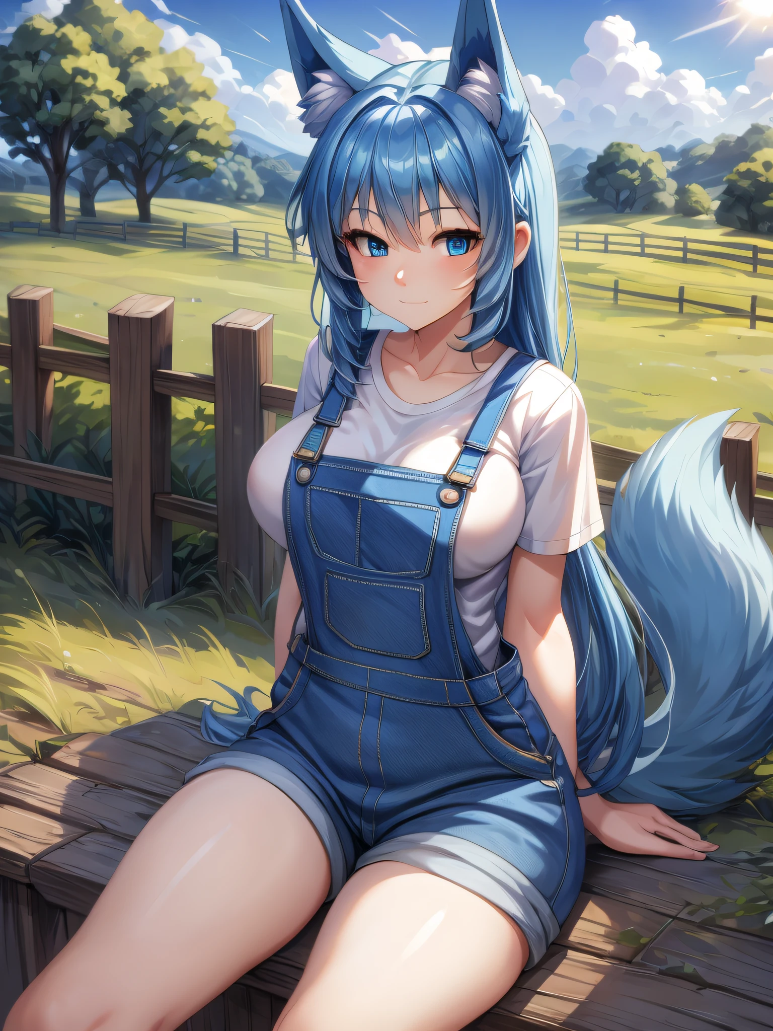 (Masterpiece) (High Detail) (High Res) A short humanoid girl with pale human skin and blue eyes and long blue hair and blue dog ears and a fluffy dog tail and average breasts is a white t-shirt with wearing denim overalls over the top and sat on a fence in the countryside. Beautiful scenery.