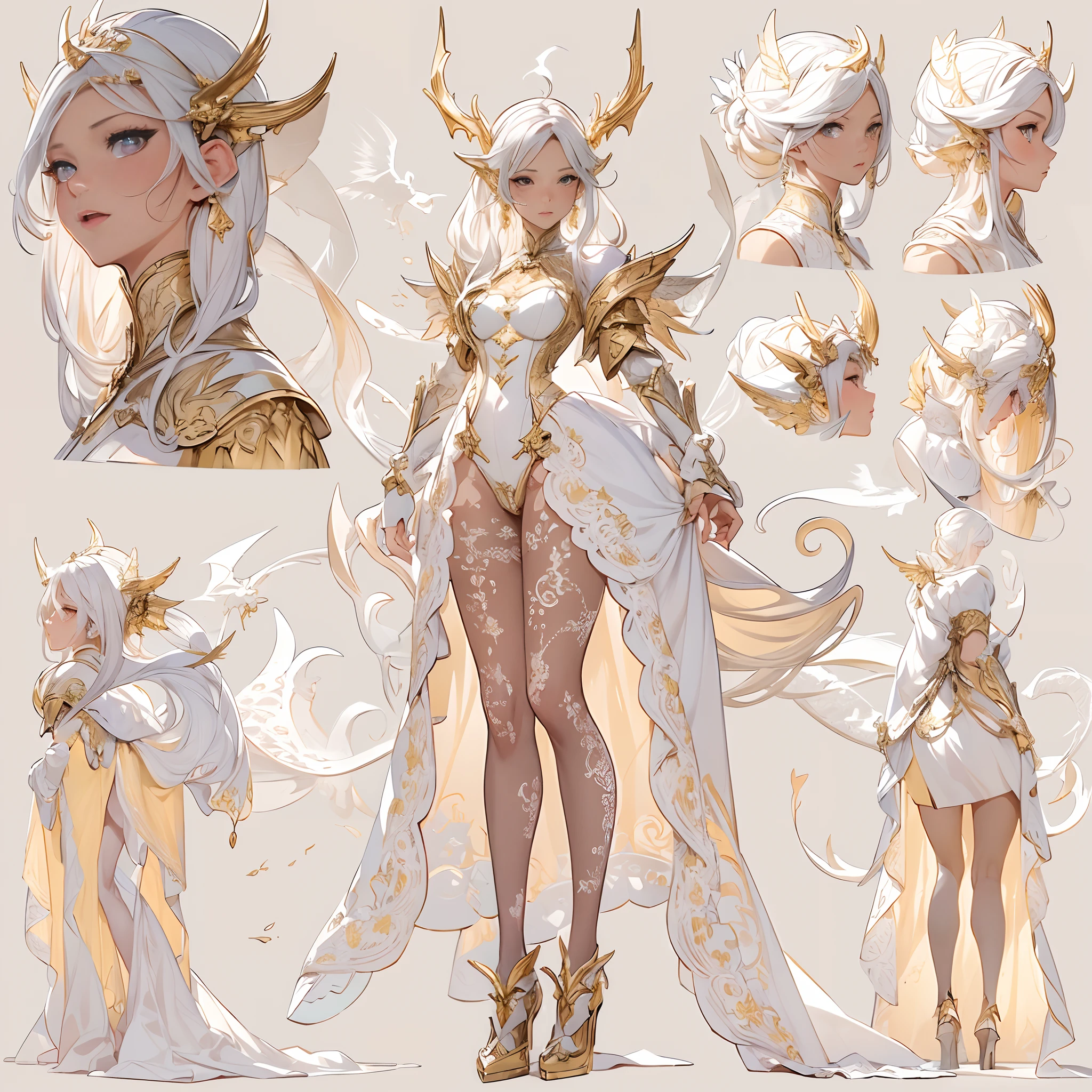 ((Masterpiece, Highest quality)), Detailed face, CharacterDesignSheet, full bodyesbian, Full of details, Multiple poses and expressions, Highly detailed, Depth, Many parts,faeries,Dragon's horn,golden and white,clouds,火焰,Extremely beautiful,brightly,Natural light, Lace,lacepantyhose