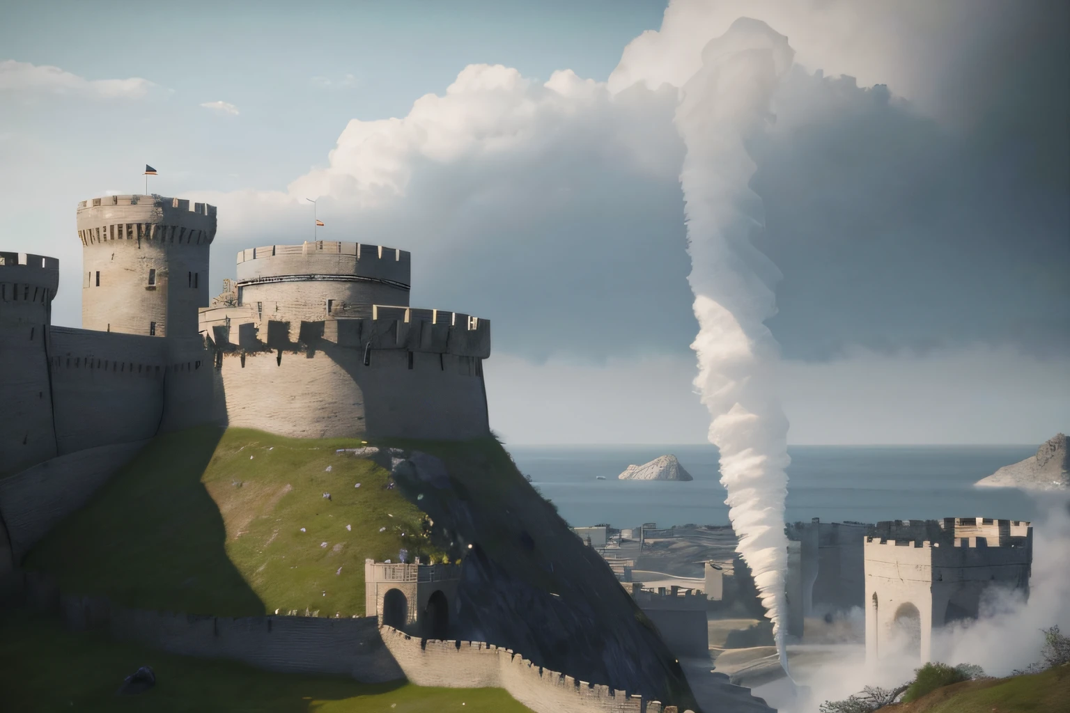 Hay un gran castillo con un torbellino.Pintura mate renderizada en 3D, Pintura mate 3D hiperdetallada, Pintura mate 3D hiperdetallada, Pintura mate de alta calidad, Pintura mate optimista, Pintura mate fotorrealista, Pintura mate detallada, Pintura mate hiperdetallada, Arte conceptual de torre medieval gigante