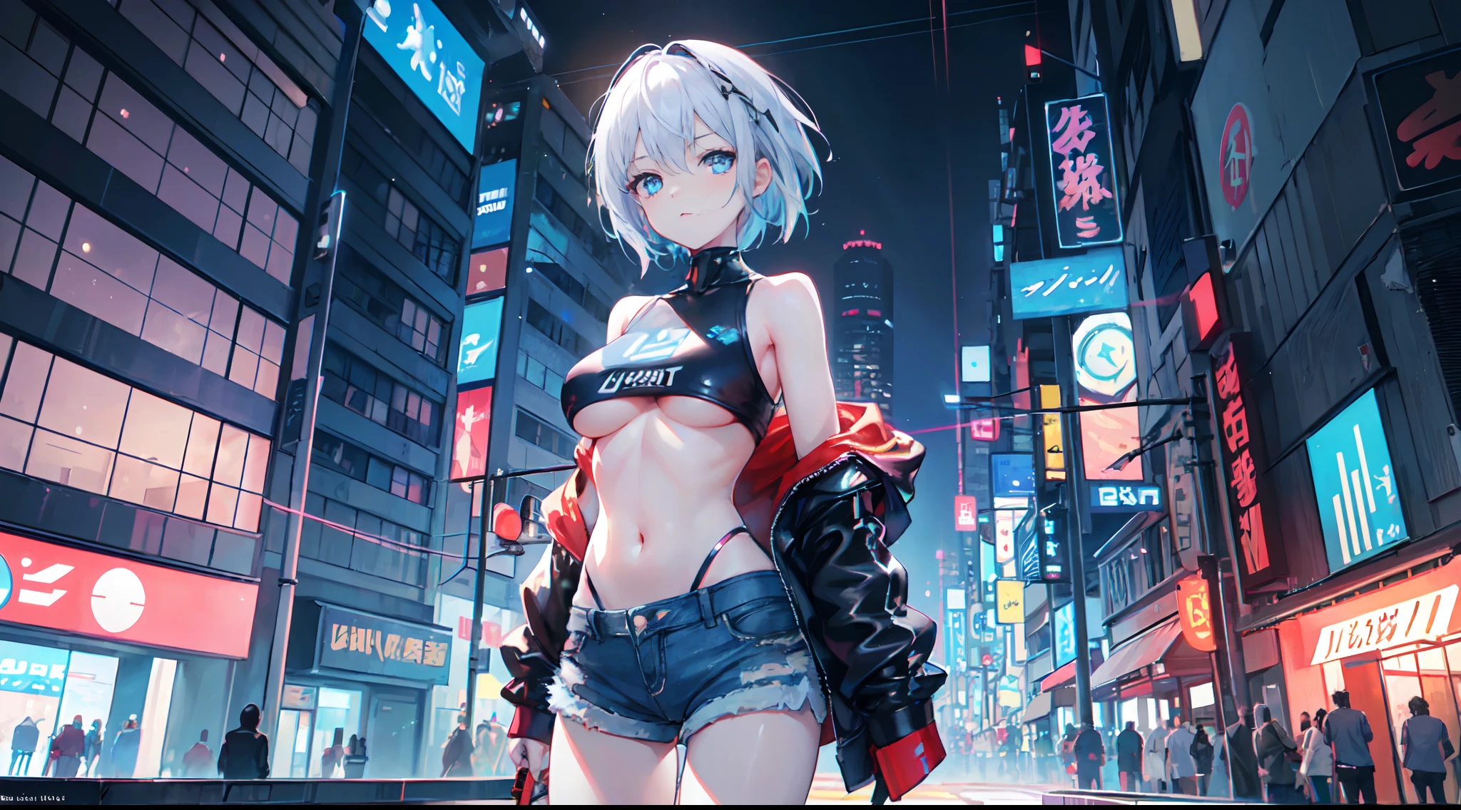 (extremely detailed CG unity 16k wallpaper:1.1), ((official art)),1 girl, short hair, blue eyes, underboob, denim shorts, cyberpunk Tokyo city street, Japan, skating, god rays, sparkle, glowing light, ((masterpiece)), ((best quality)), UHD, award winning