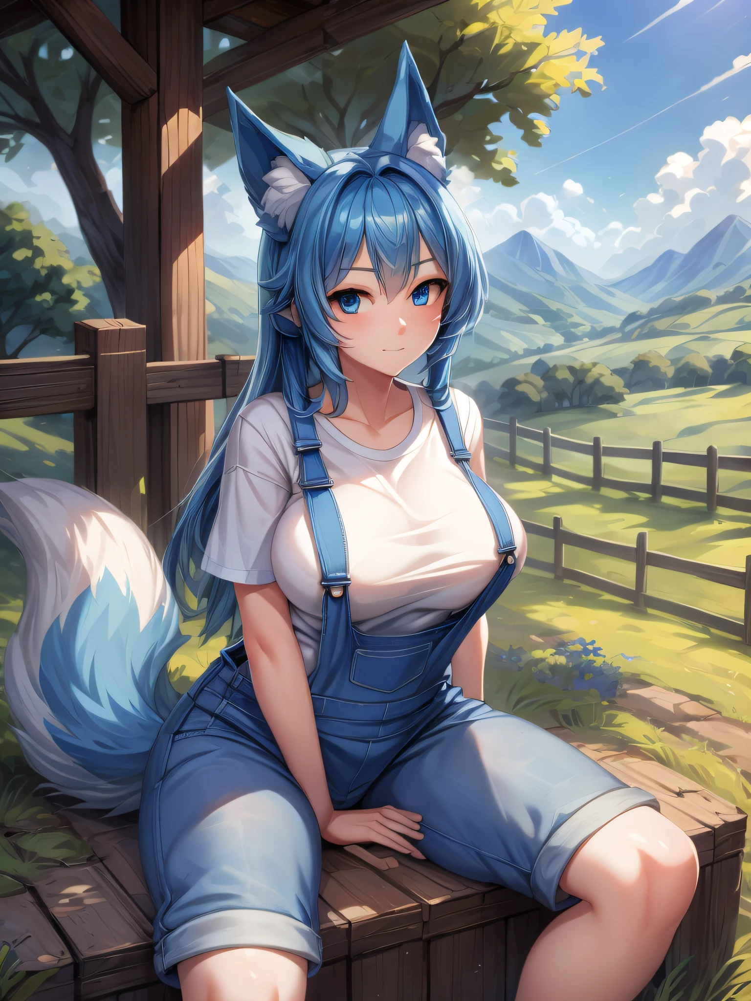 (Masterpiece) (High Detail) (High Res) 2 Characters having sex in a field - One is A Large Male Zebra Anthro with black and white stripes and a huge black equine penis - the other is a small petite naked pale plain skinned humanoid girl with no stripes and long blue hair, blue dog ears and a fluffy dog tail. She is riding his huge penis and putting it in her tight pussy.