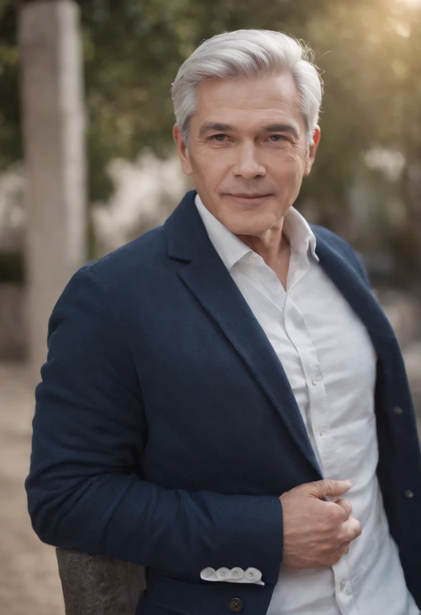 Portrait of handsome man 60 years old round face cinematic appearance、Silver hair、Dark blue jacket、White button-down shirt、kindly smile、Photography, Male perfection,  Black eyes, Hyper realistic, 8K - V 4、60-year-old dandy gentleman、Gentle eyes、Gray hair、Looking straight ahead at the camera、Gentle expression