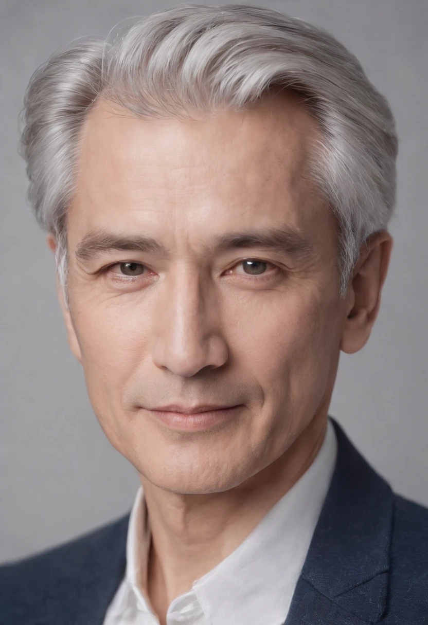 Portrait of handsome man 60 years old round face cinematic appearance、Silver hair、Dark blue jacket、White button-down shirt、kindly smile、Photography, Male perfection, Black eyes, Hyper realistic, 8K - V 4、60-year-old dandy gentleman、Gentle eyes、Gray hair、Looking straight ahead at the camera、Gentle expression