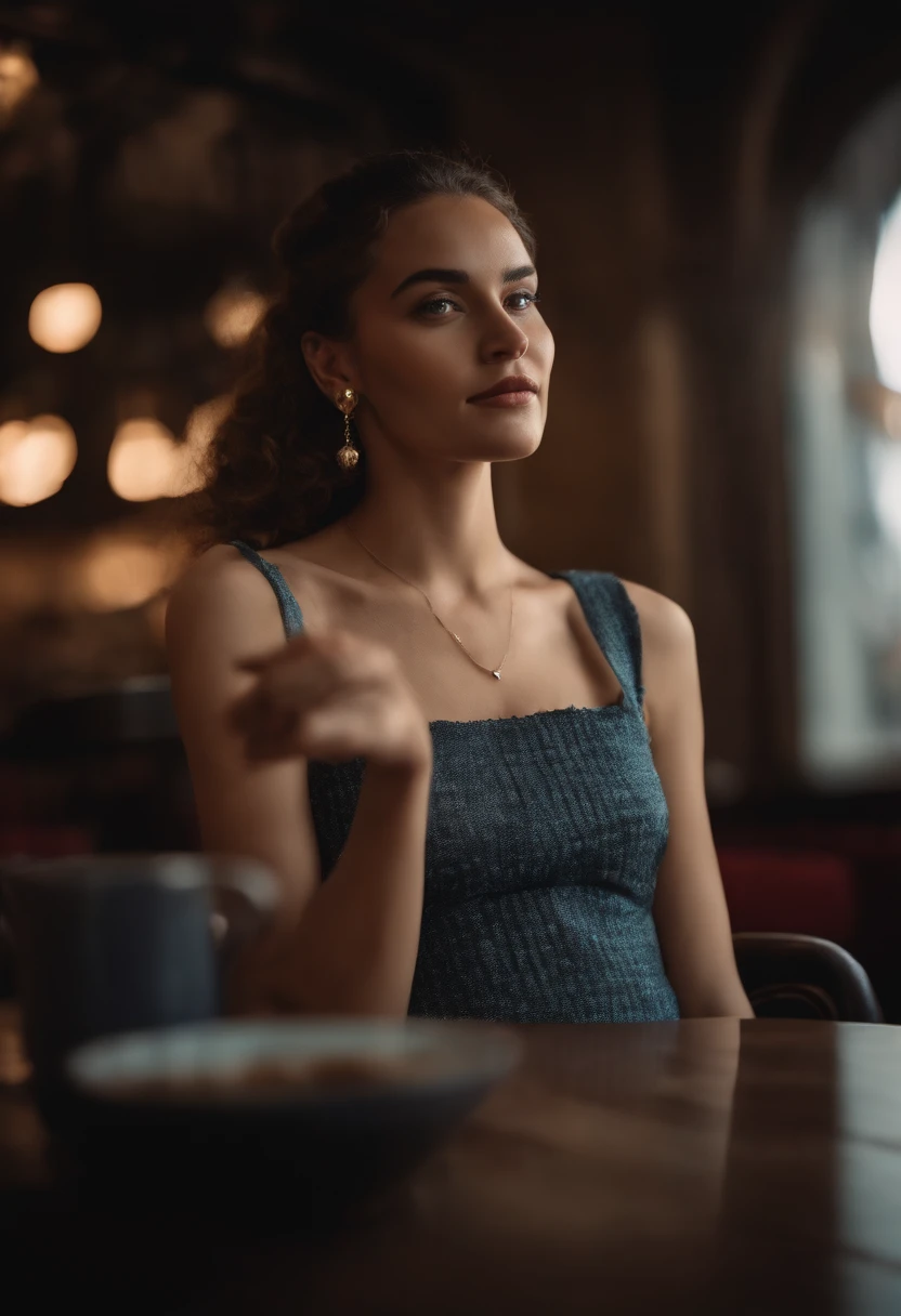 wearing one piece, in a cafe, closeup shot, full body, (high detailed skin:1.2),extremely detailed, 22 year old woman, 8k, with a man, High Detail, Sharp focus, modelshot