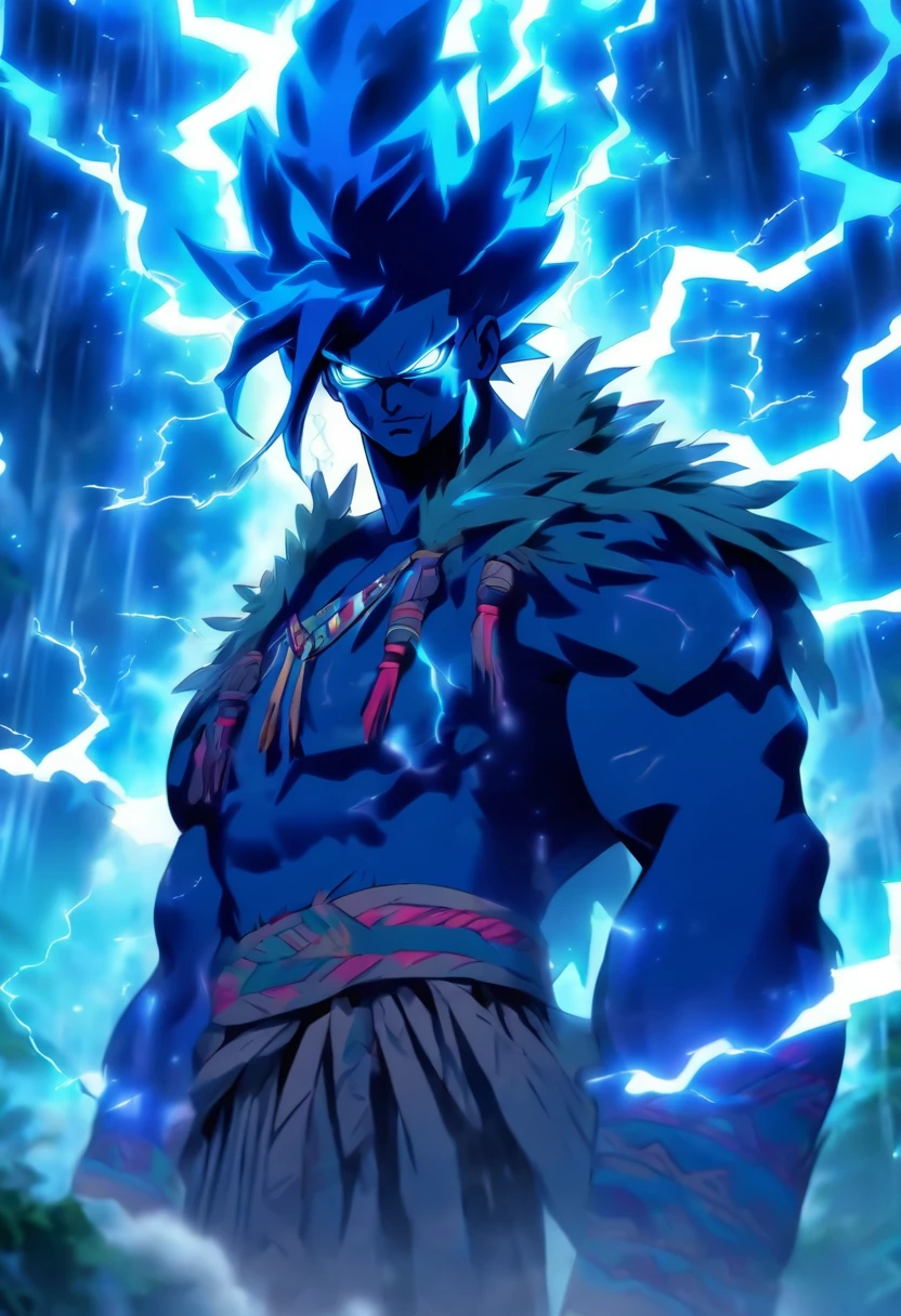 (((Peruvian man))) best quality, very high resolution, detailed CG in 4K, masterpiece, man, storm, blue thunder, Inca people, Inca tribes, Inca city, forest, aesthetics, beautiful image, centered on the screen, whole body