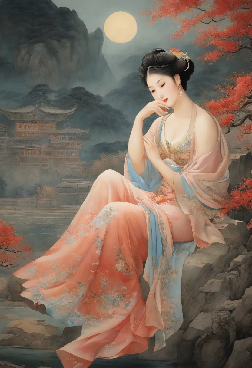 The Qing Dynasty Empress is naked, spreading one's legs open wide with knees bent,creating the shape of the letter M Chinese empress in the Chinese palace wearing a crown and her hair tied up. The background is the stone paving outside the Qing Dynasty.