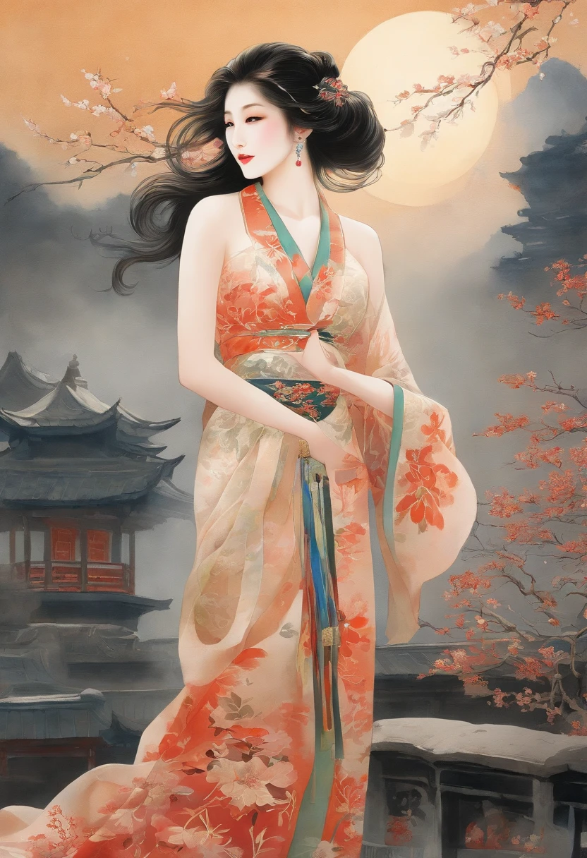 The art depicts a charming woman dressed in a flowing, oriental transparent dress, decorated with sexy patterns and bright colors. Showing small round ass, Her transparent dress drapes elegantly over her curvy figure, accentuating her seductive silhouette. She stood gracefully in the quiet moonlit night, bathed in the soft glow of the moonlight. The scene exudes an ethereal and dreamy atmosphere, with a touch of mystery and sexiness. The graphic style blends watercolor and digital illustration techniques to evoke a refined beauty and charm. The lights are filled with soft moonlight, casting soft highlights and shadows on her charming features. Bare buttocks, three-dimensional facial features, lying on bed, clear eyes, ???????, visible,full body, A meditative (Chinese landscape painting), (ink and watercolor painting), (8K wallpaper), (light and shadow effect), rendering by octane, White balance design, Extremely detailed image representation, wide angles, depth of fields, Masterpiece, Realistic, Beautifully portrayed, A detailed, Accurate, Masterpieces, Masterpiece"