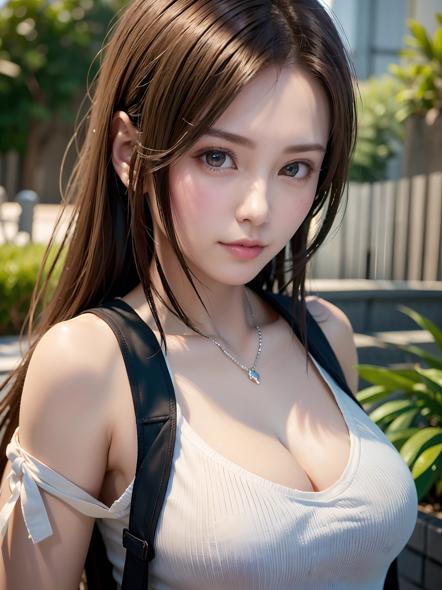 (Best quality, 8k, Masterpiece :1.3), A pretty woman with perfect figure :1.4, Dark brown hair, Big breasts, Wearing pendant, V neck t-shirt with ripped shorts, Sit on bench, In garden, Highly detailed face and skin, Detailed eyes, Double eyelid